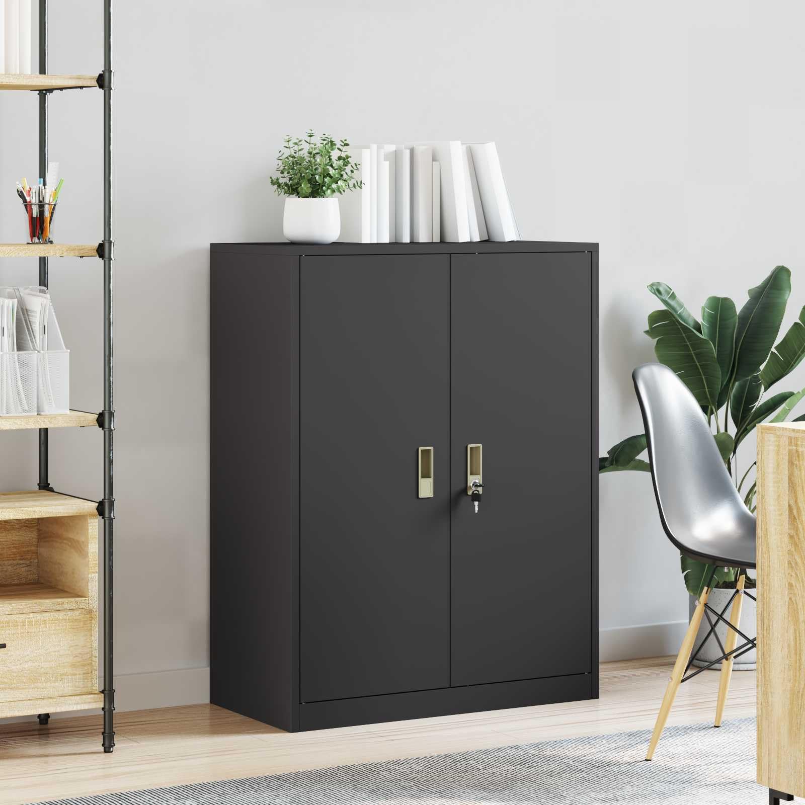 Armadio da ufficio nero, 80 x 40 x 105 cm, in acciaio con ante chiudibili, versatile armadio multiuso per ufficio, casa e studio, robusto scaffale in metallo