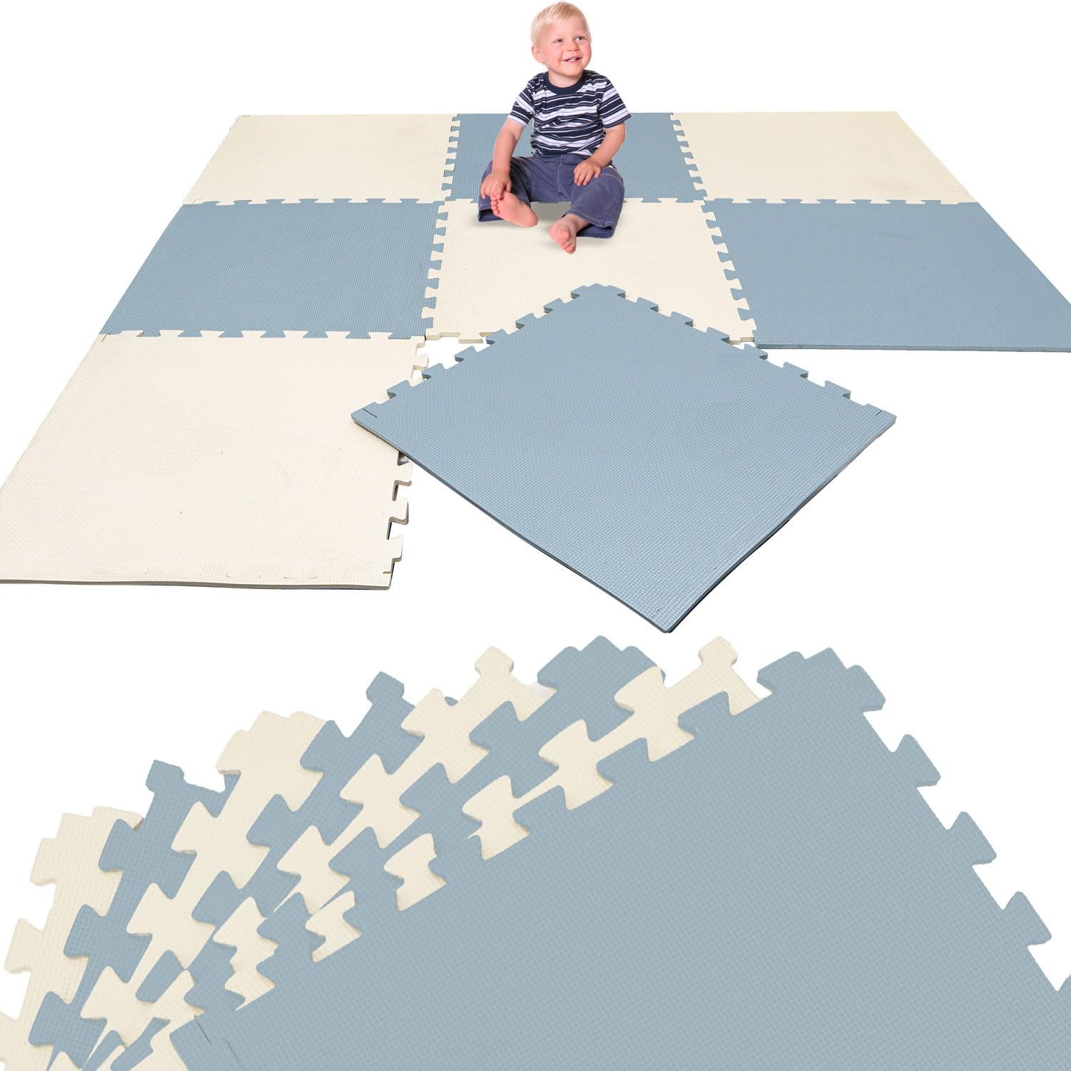 LittleTom Kids Play Mat Beige & Blue - 8 EVA Floor Tiles 50 x 50 cm - Activity Playmat 200x100 cm for Children - Foldable Foam Rug for Toddlers BPA-Free - Interlocking Puzzle Squares - Playpen Carpet โ image 1