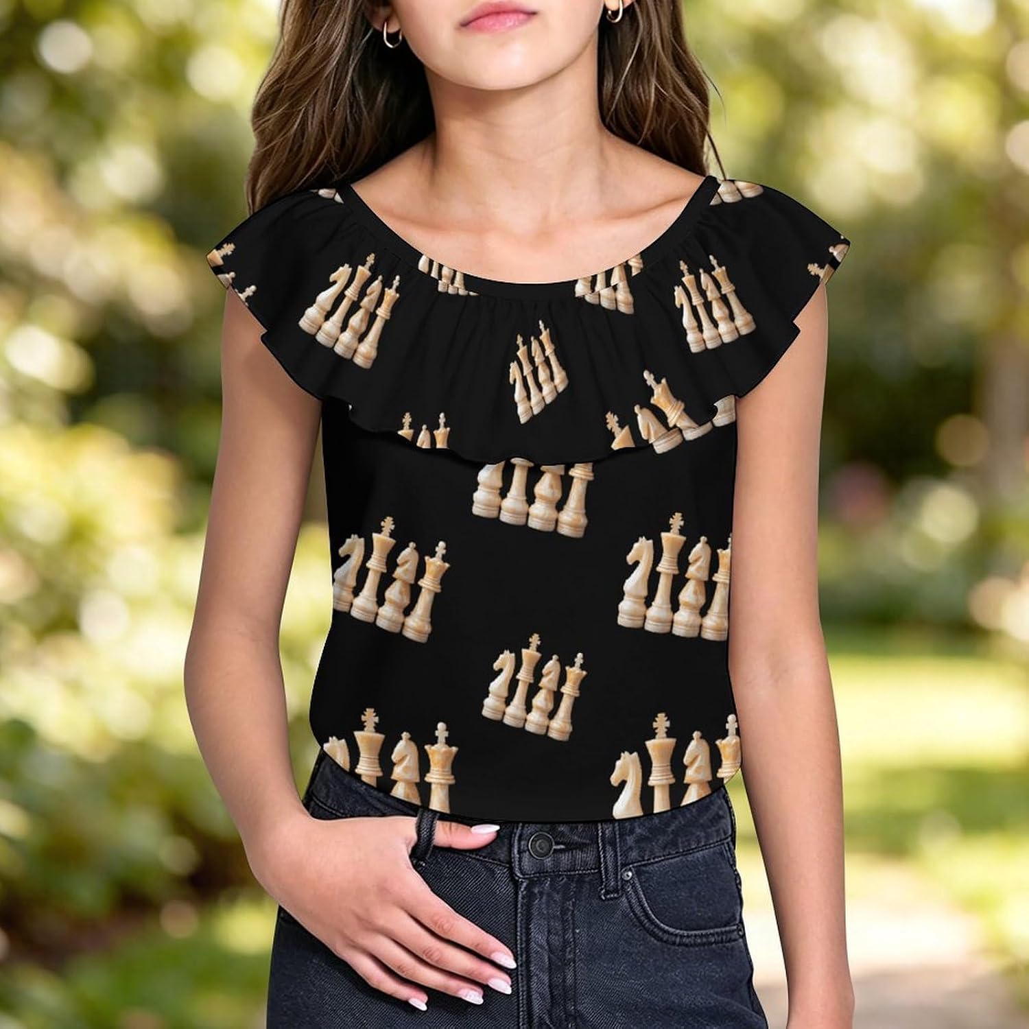 Chess Pieces Girls T-Shirts Top Ruffle Short Sleeve Blouse Casual Graphic Tees