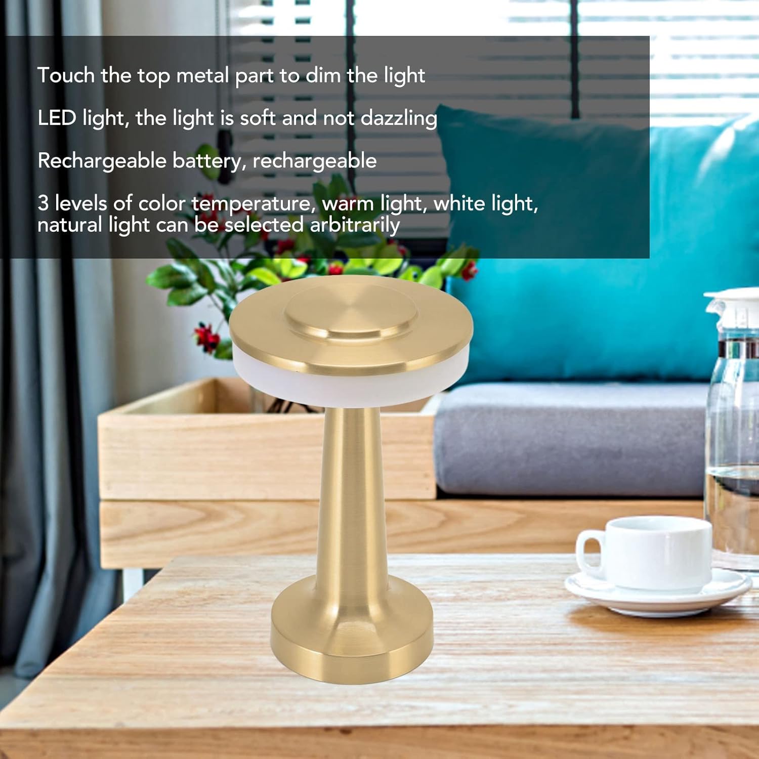 TREETDOBV Portable Metal LED Table Lamp,3 Color Touch Sensor Rechargeable Desk Lamp,3-Levels Brightness Room Decor Table Lamp,Bedside Lamp,Night Light for Kids Nursery,Dining Room Lamp(Gold)