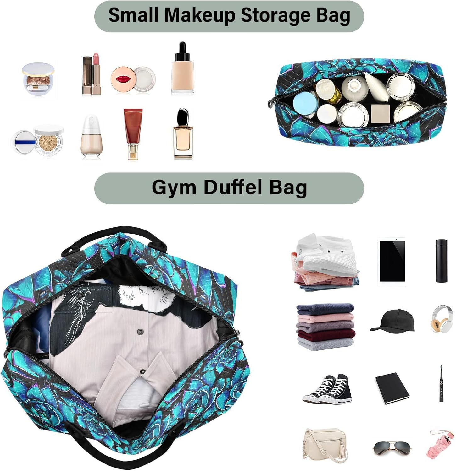 Succulents Plant Dark Teal Sports Gym Bag for Women Men Travel Duffel Bag Weekend Overnight Carry on Bag with Toiletry Bag Training Handbag for Hospital Plane Swimming Yoga Workout