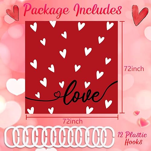 Miniatura 3 de Tieshankao Cortina de ducha de San Valentín para decoración de baño, diseño de amor rojo con 12 ganchos, 72 x 72 pulgadas