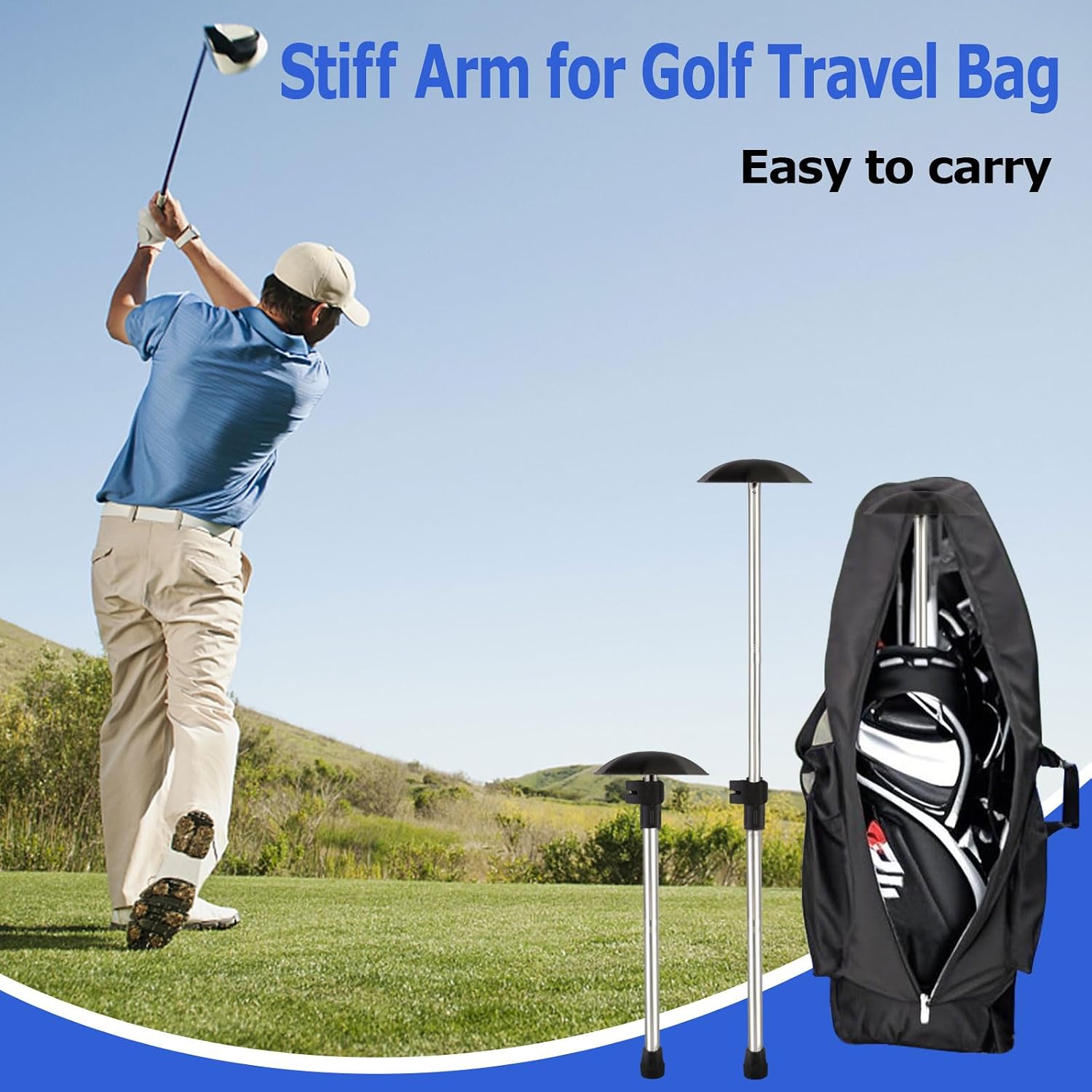 Golf Travel Bag Support Pole, 33"-60" Golf Club Travel Protector Stick for Bag Telescopic Adjustable Airlines Stiff Arm Club Protector Stainless Steel Pole (Silver)