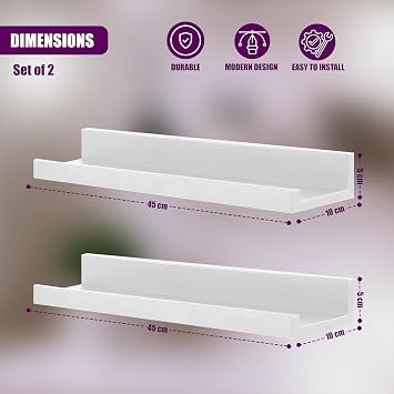 GEEZY White Floating Shelves for Wall, Set of 2 - Modern Seamless Mounting, Easy Install Picture Ledge Display Shelf for Decor, Collectibles - Home, Bedroom, Bathroom, Office, 45x10x5cm