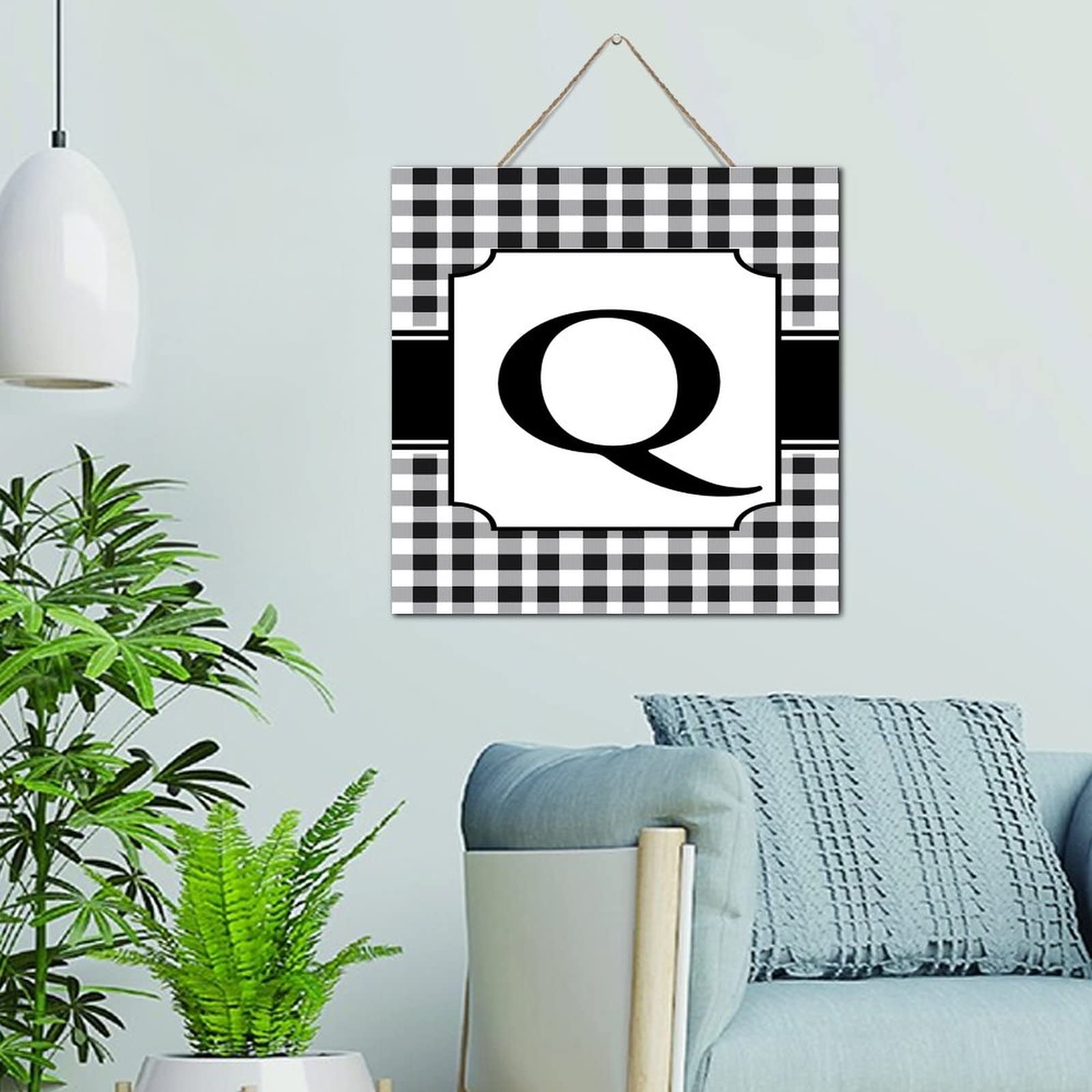 Décoration de Noël Buffalo Plaid noir et blanc en bois initiale Q