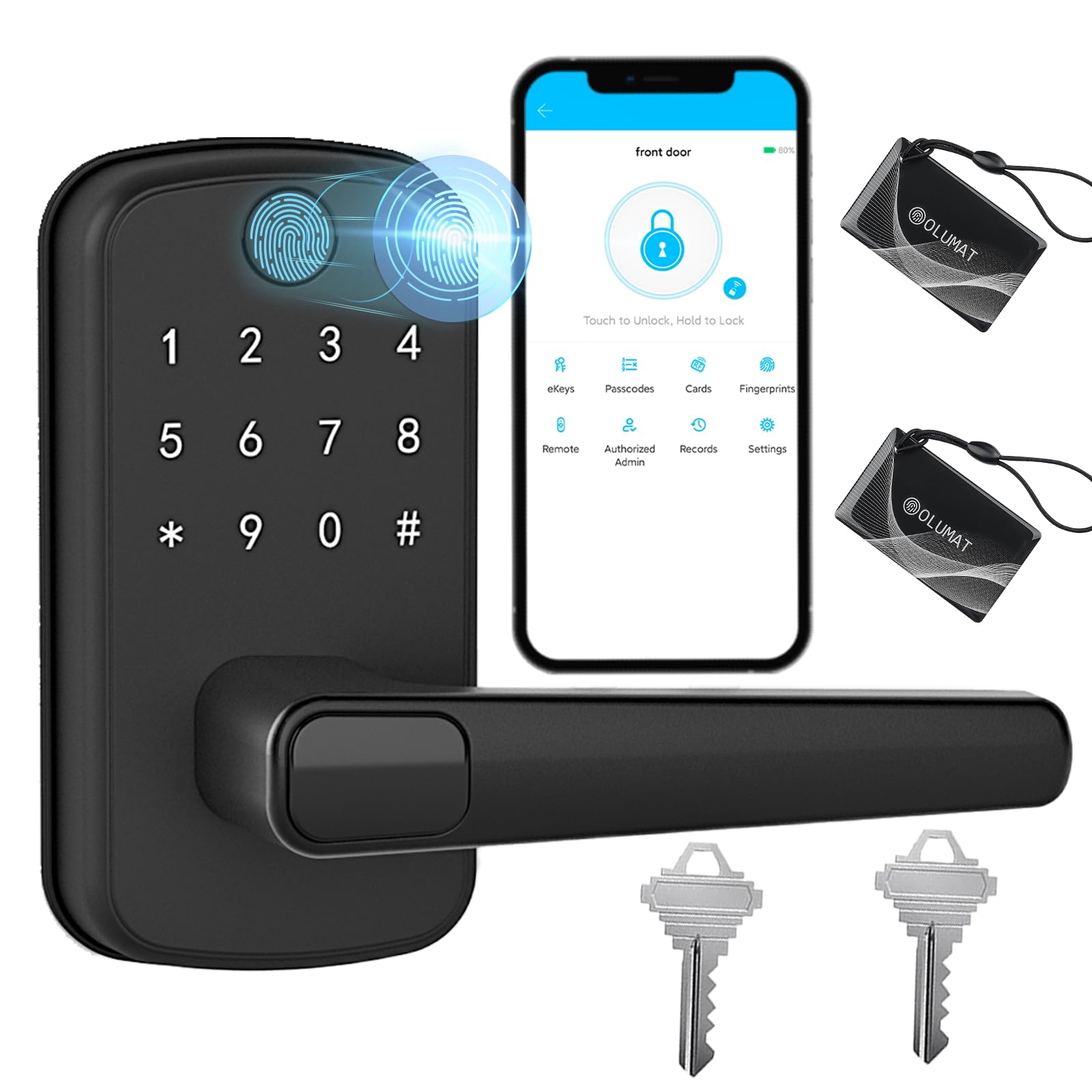Smart Door Lock with Handle: Keyless Entry Door Lock with Keypad, Fingerprint, and App Control - Biometric Door Lock for Home Security - Easy Installation (Black)