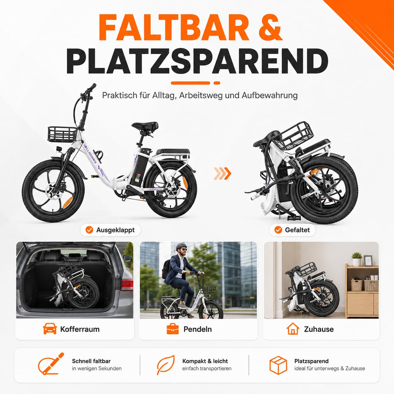 E Bike Klapprad 20 Zoll Herren Damen,mit 48V 20Ah Akku 100km Reichweite,Faltbares Elektrofahrrad City 250W Motor 50Nm LED Display, 7-Gang, hydraulische Scheibenbremsen, für Pendeln & Alltag
