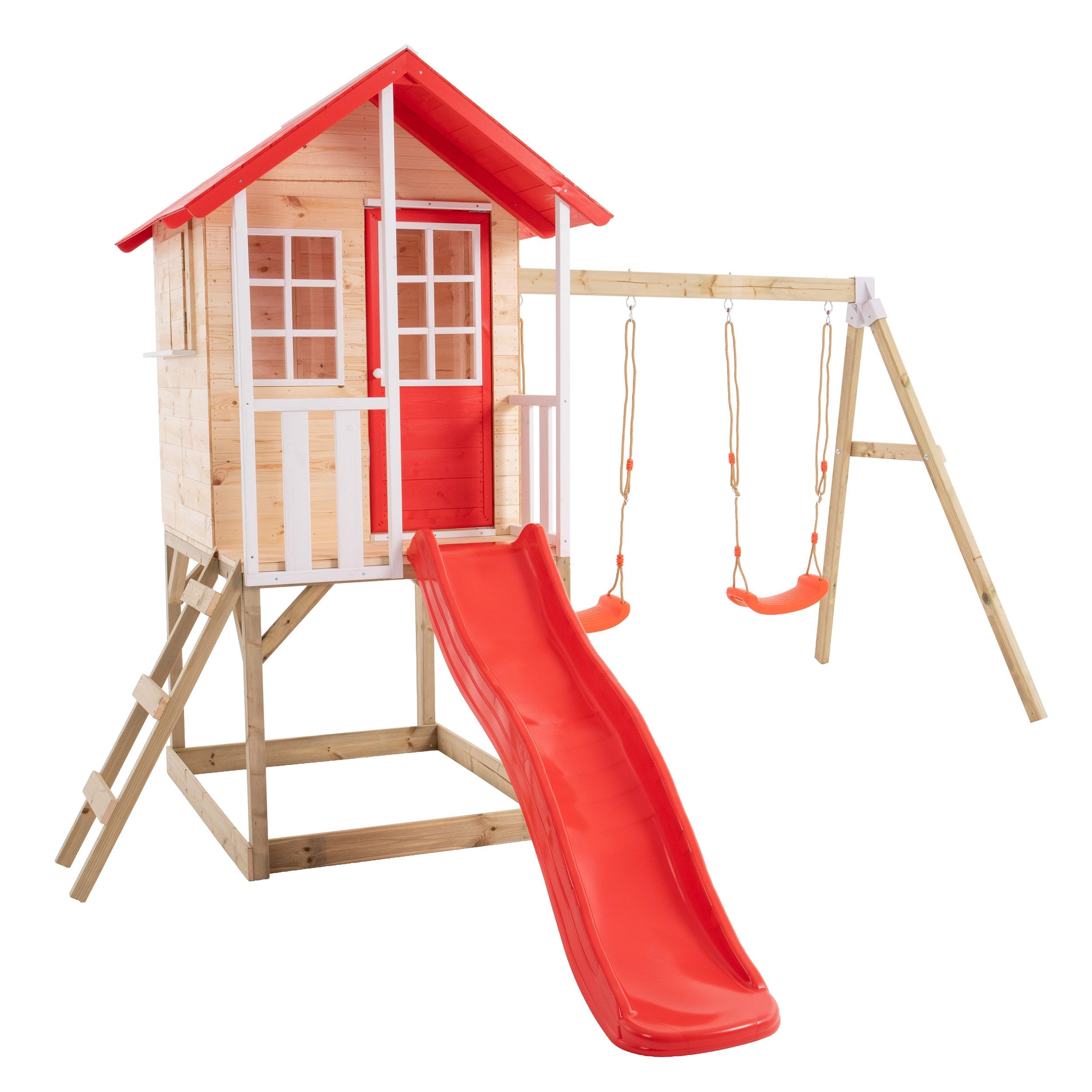 TP Toys Cabane Enfant sur Pilotis 2 Balançoires et Toboggan, Coquelicot