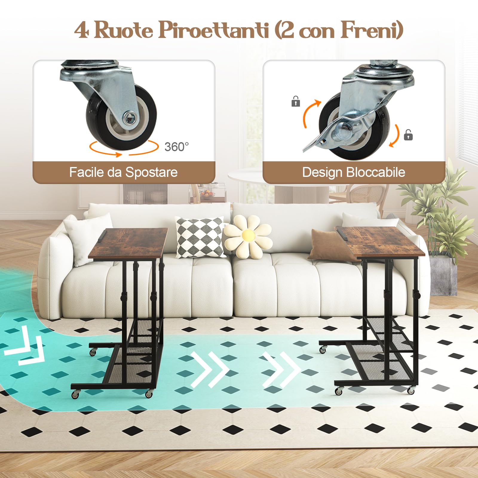 COSTWAY Tavolino da Divano e Letto, Tavolo Regolabile in Altezza con Ruote Bloccabili, Piano Inclinabile e Mensole Portaoggetti, Mobile Versatile per Salotto, Camera da Letto