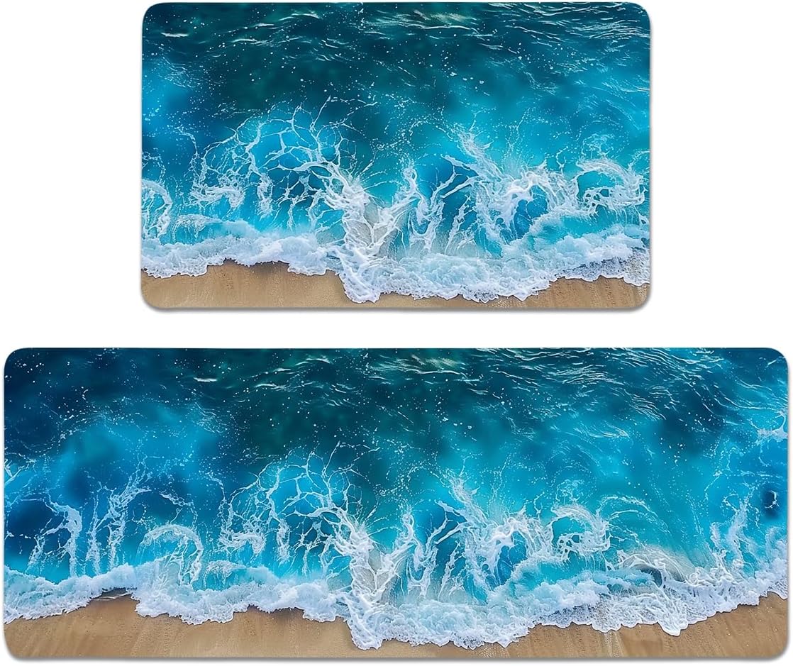 Beach Sea Wave Kitchen Rugs Set of 2 - Ocean Coastal Washable Non-Slip Linen Floor Mats(17.7''x29.5''+17.7''x47'') - Kitchen Mats for Home Office Bedroom Bathroom Laundry
