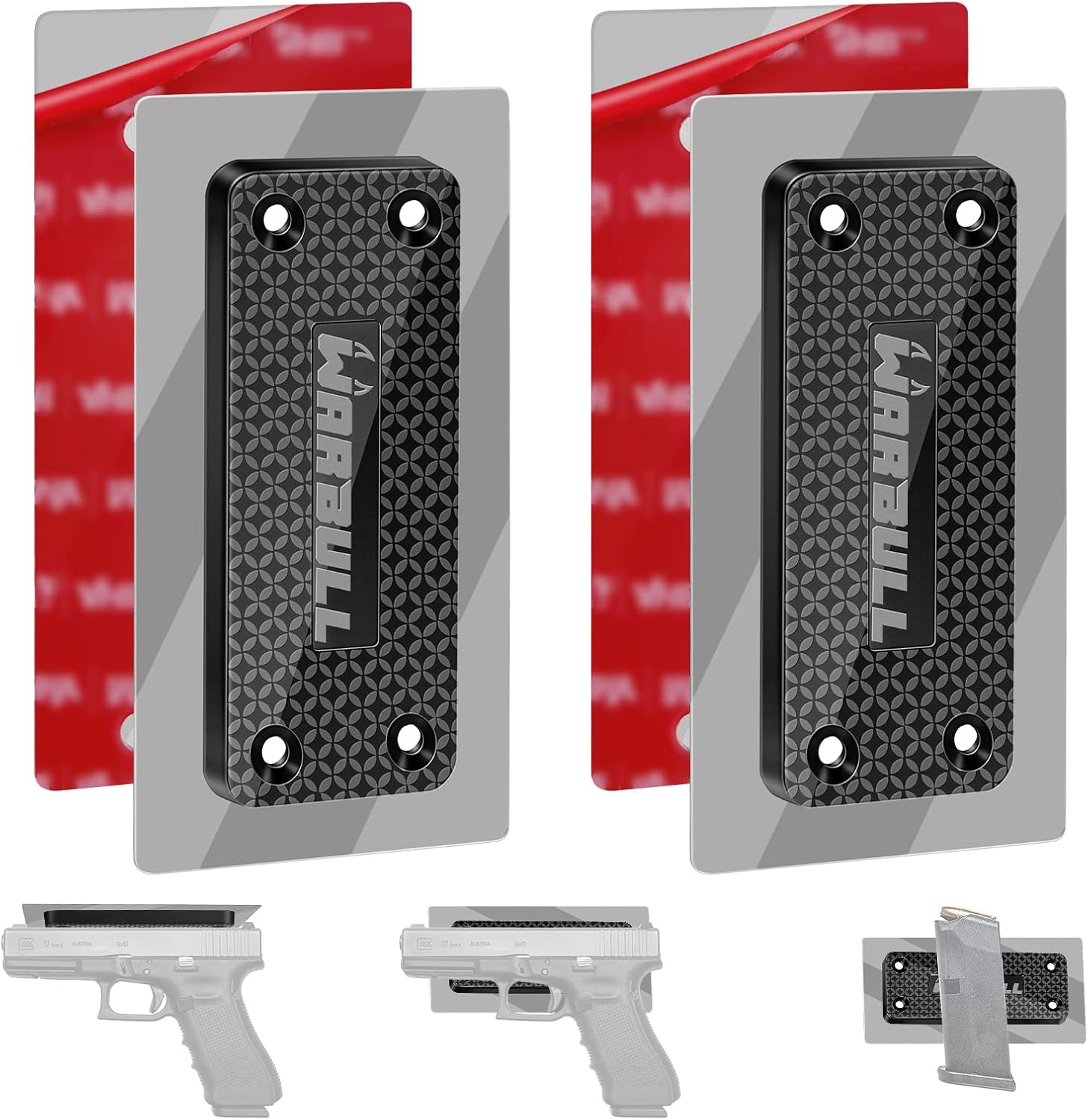 WarBull Gun Magnet with 3M Adhesives, Rated 55 LBS Rubber Coated, No Drilling Gun Magnet Mount for Handgun Rifle Shotgun Pistol, and Concealed Gun Magnet for Vehicle, Car, Truck, Safe, Desk, Wall