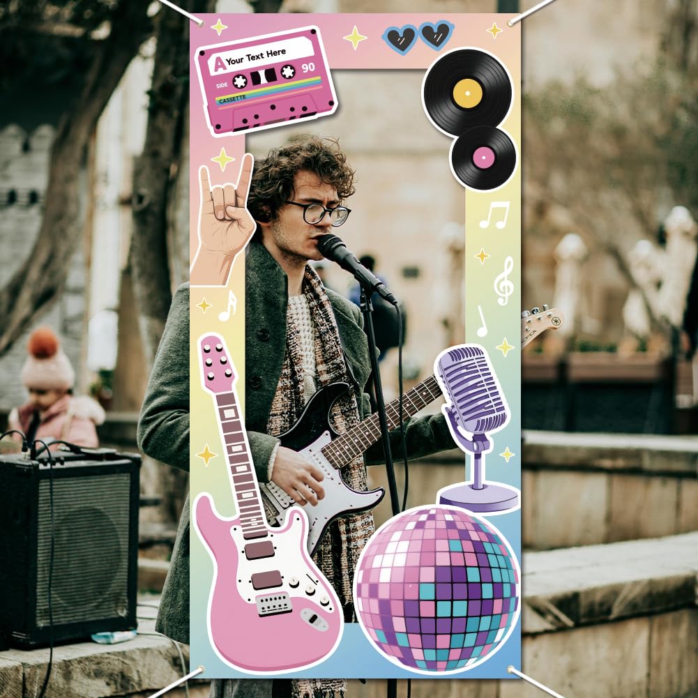 WADORN Music in My Era Photo Frame Props for Party Decor, 5.9x2.9ft Guitar Light ball Notes Photo Door Backdrop Props Decor Large Fabric Musical Theme Photography Background Birthday Party Supplies