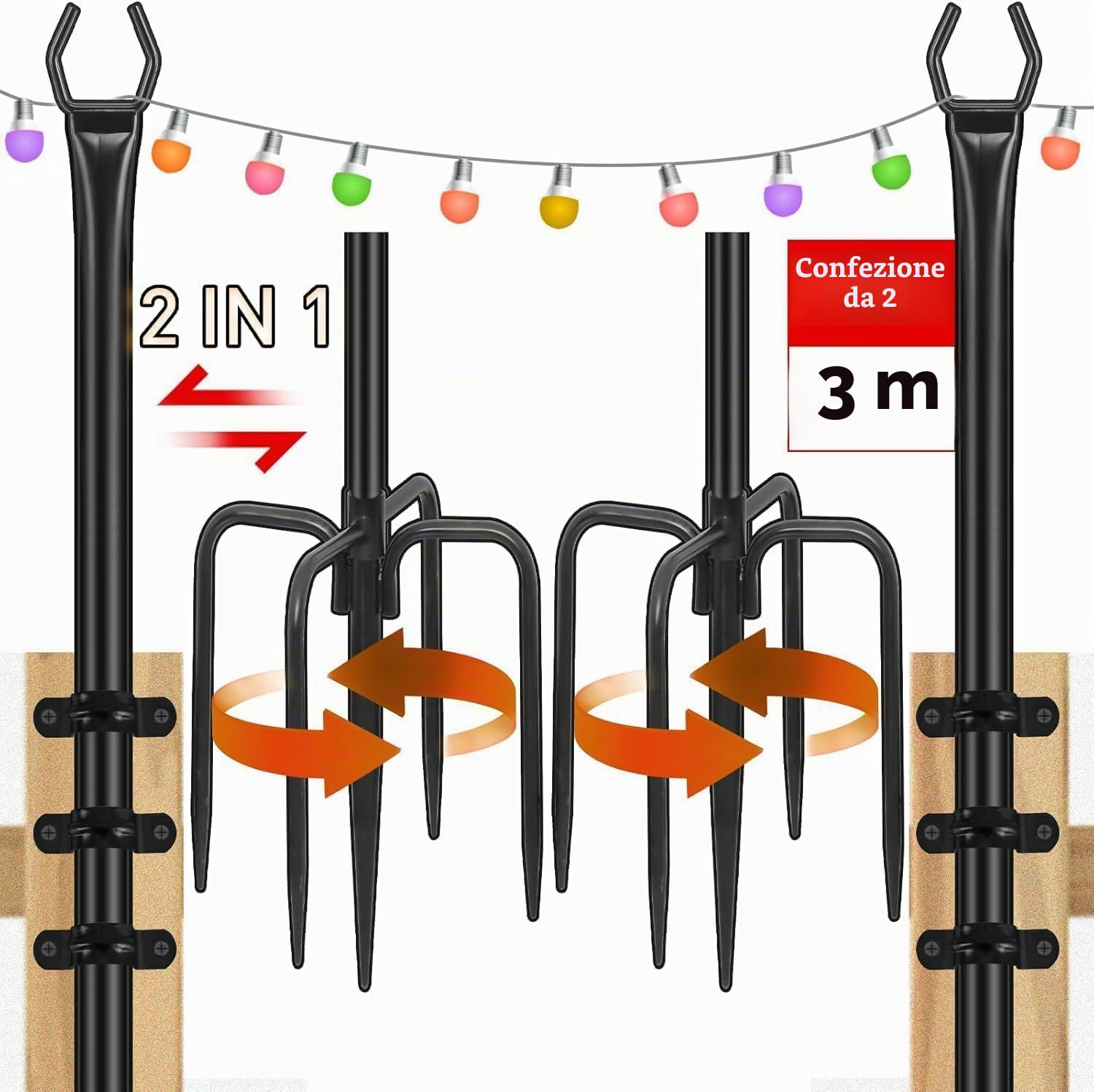 Gresonic Set di 2 aste per catena luminosa per ponte, da 9,8 m, per esterni, in acciaio, per decorazione all'aperto, giardino, cortile, terrazza, illuminazione stand per matrimoni