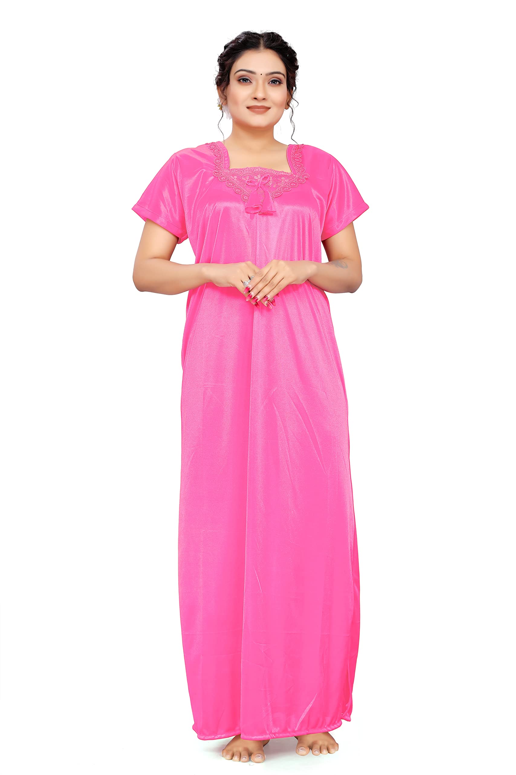 Hautelook Womens Pure Lycra Satin Nighty Gown With Queen Neck