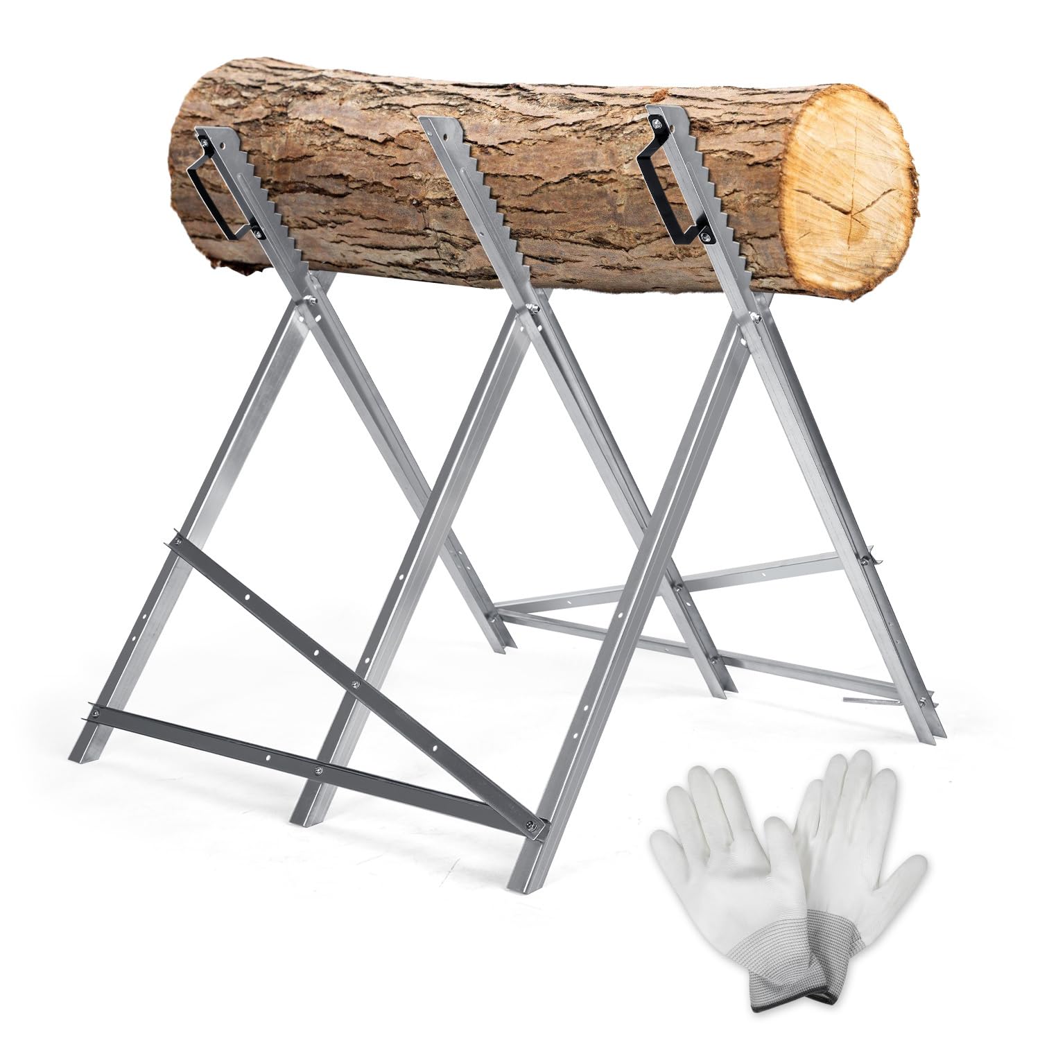 Cavalletto per sega in legno zincato pieghevole con 3 supporti e dentatura, pieghevole per legna da ardere fino a Ø 23 cm, max. 150 kg, supporto per sega