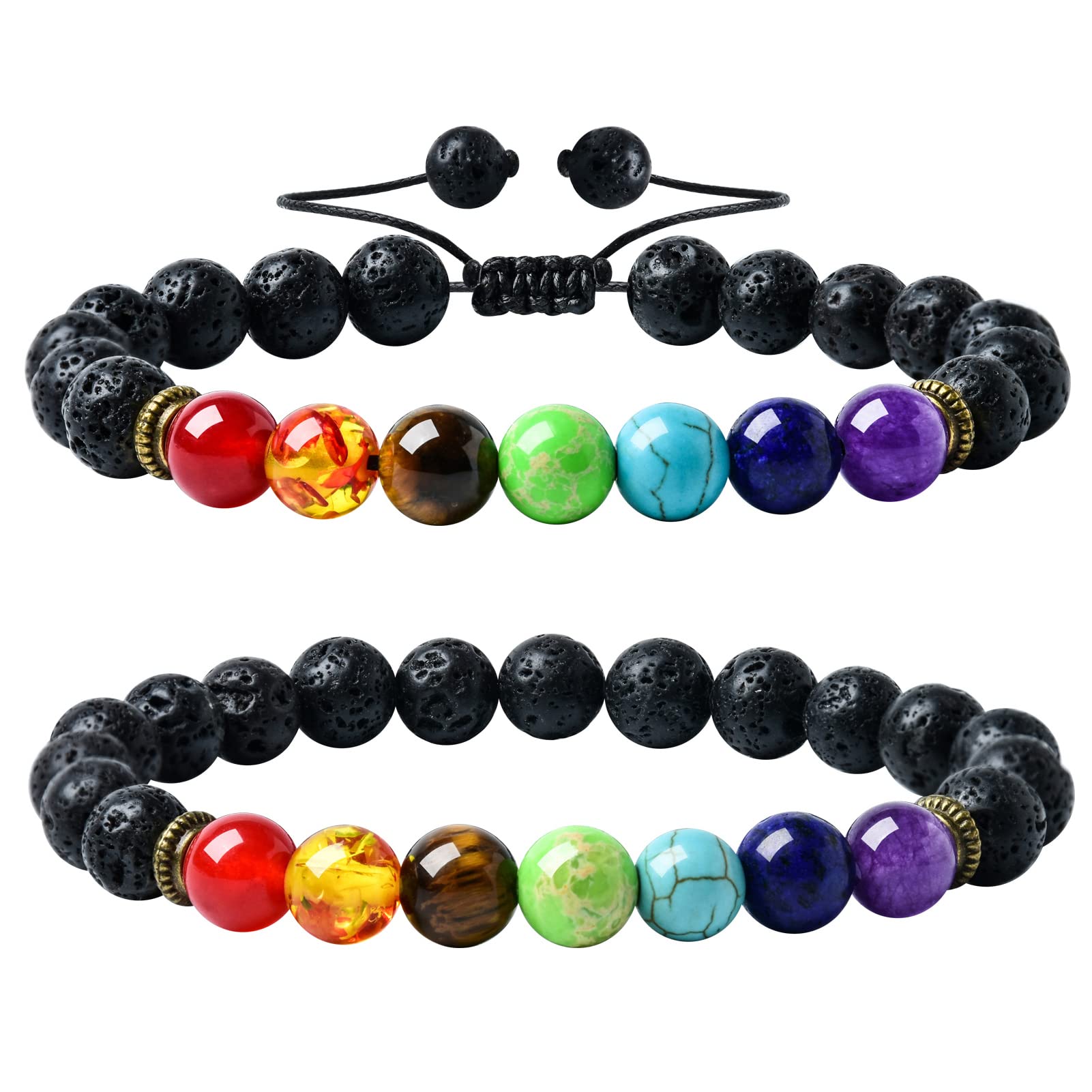 HEDQFM2-PCS Chakra Bracelet Set - Lava Rock Stone Aromatherapy Diffuser Bracelet with Adjustable Woven & Elastic Rope Styles for Men & Women (Chakra B)