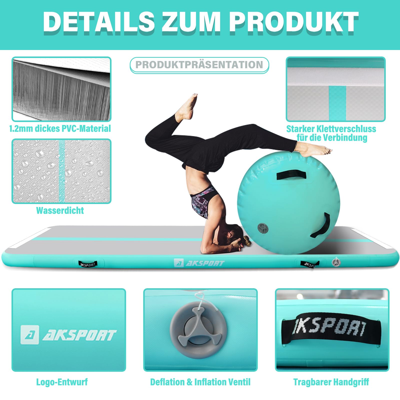 AKSPORT Airtrack mit Air Roll Aufblasbar Gymnastikmatte Turnmatte Air Tracking Matte 3m mit rolle mit Luftpumpe für Hause/Yoga/Cheerleading/Tumbling/Rückwärtsbeugen