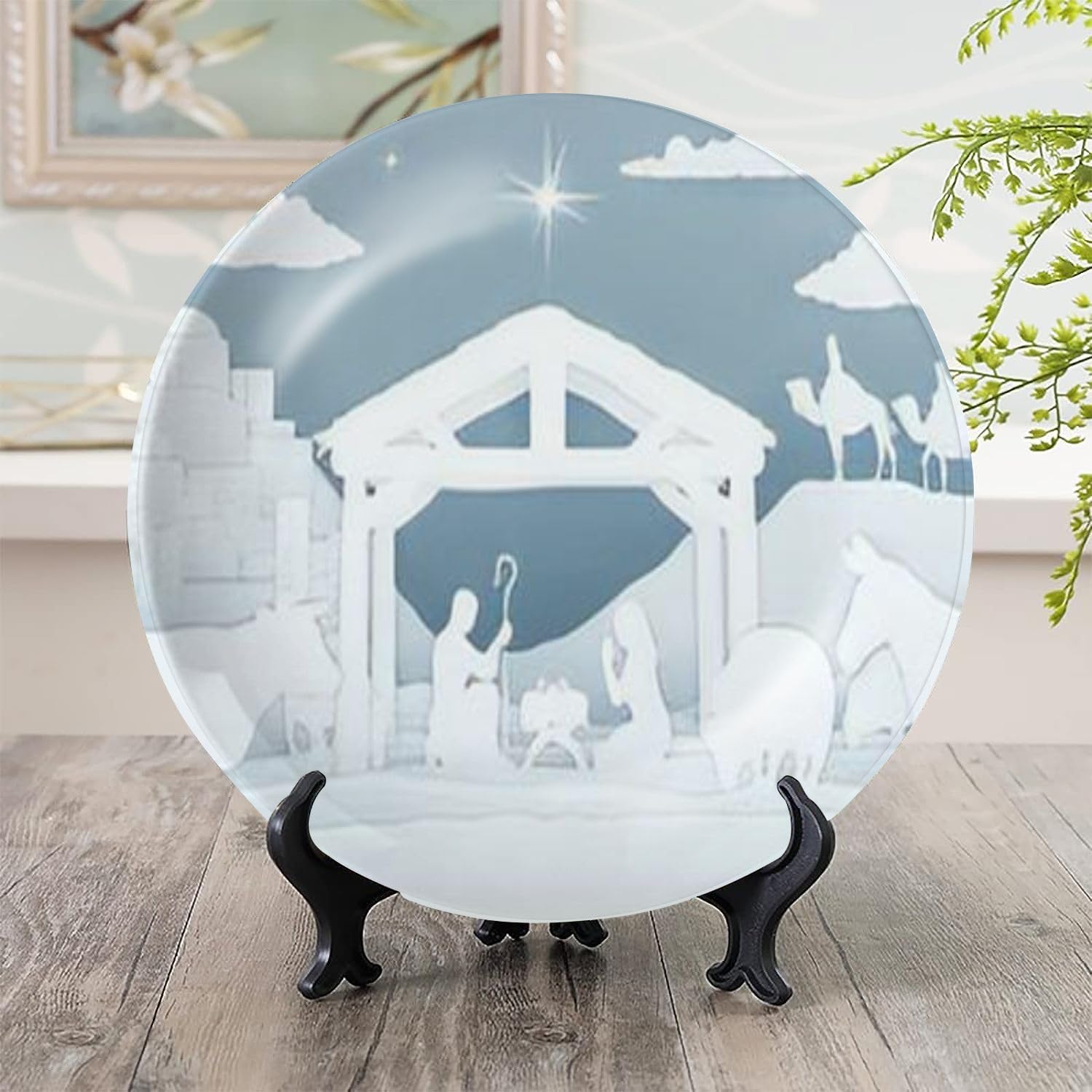 Ceramic Plate Wall Hanging Decor Christmas Christian Nativity Scene baby manger Mary Joseph silhouetteS Painting Decorative Plate Porcelain Plate For Living Room Household Party Dinner Table 10 Inch