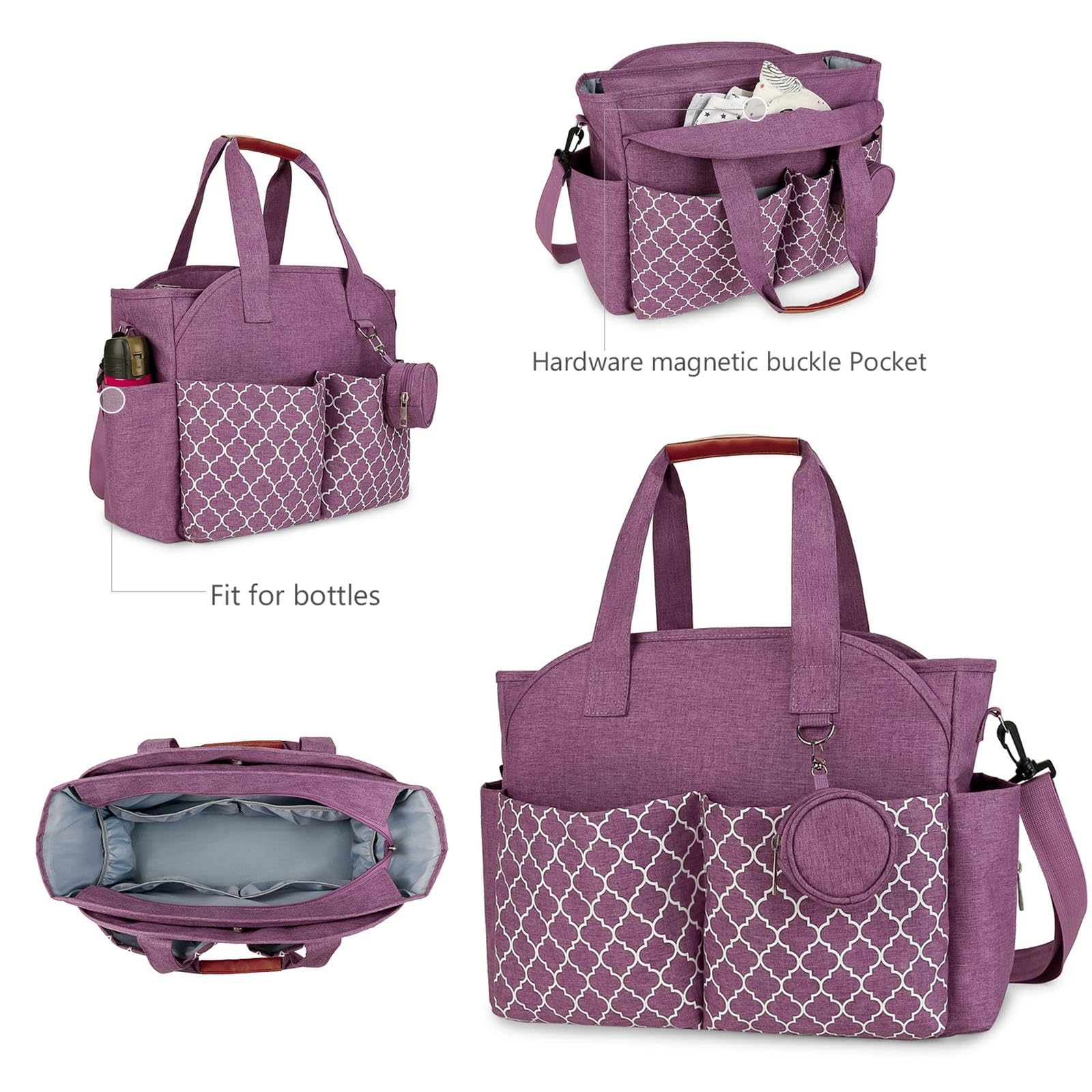 Windel Tasche Schulter Diaper Tote Bag Wickeltasche Tragbar Großes Fassungsvermögen mit Schultergurt aus Frottee für Mütter Unterwegs Reisen, Lila