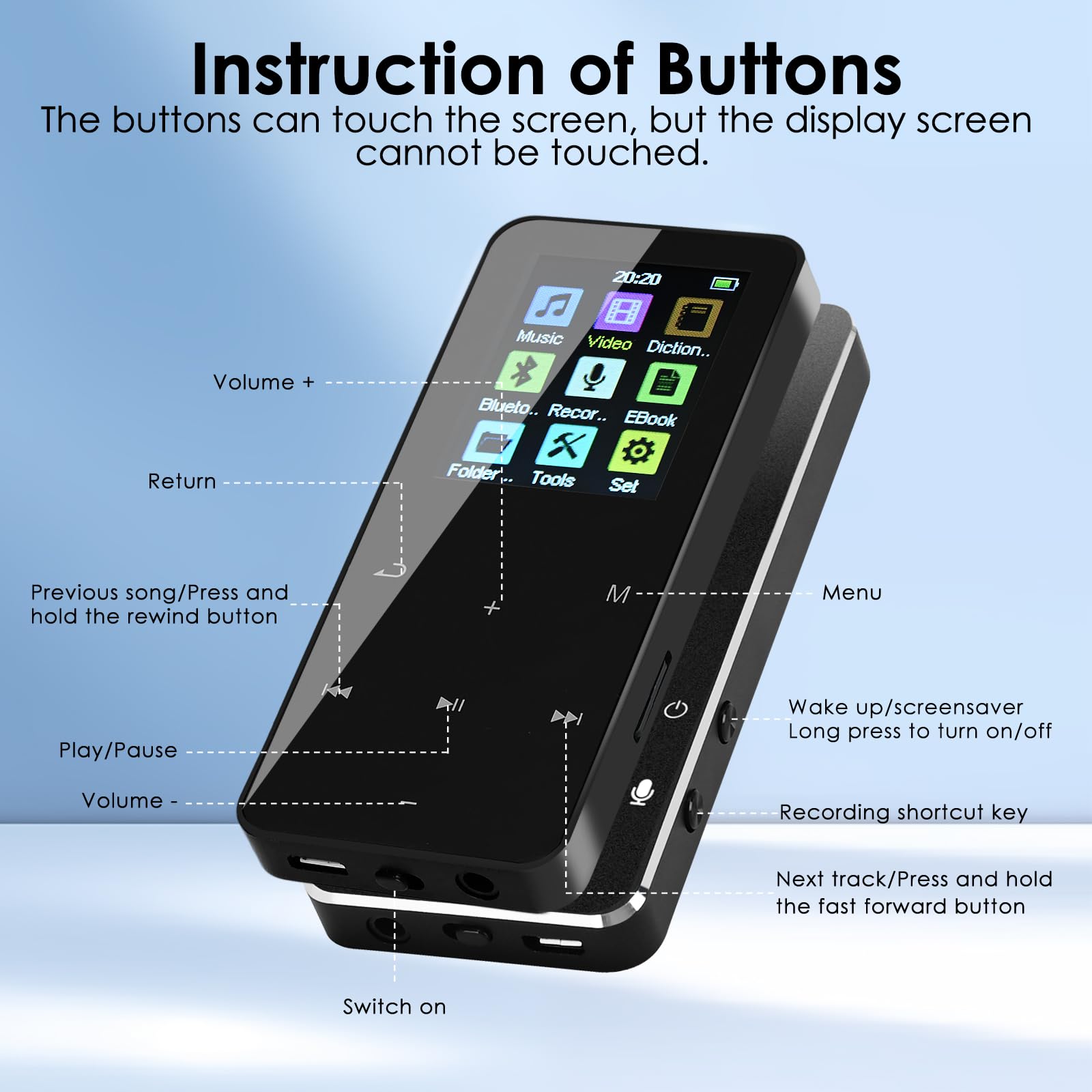 Reproductor MP3 de 24 GB con Bluetooth, reproductores de audio digital MP3 con altavoz, radio FM, reproductor de video, grabadora de voz, función de libro electrónico, sonido HiFi sin pérdidas