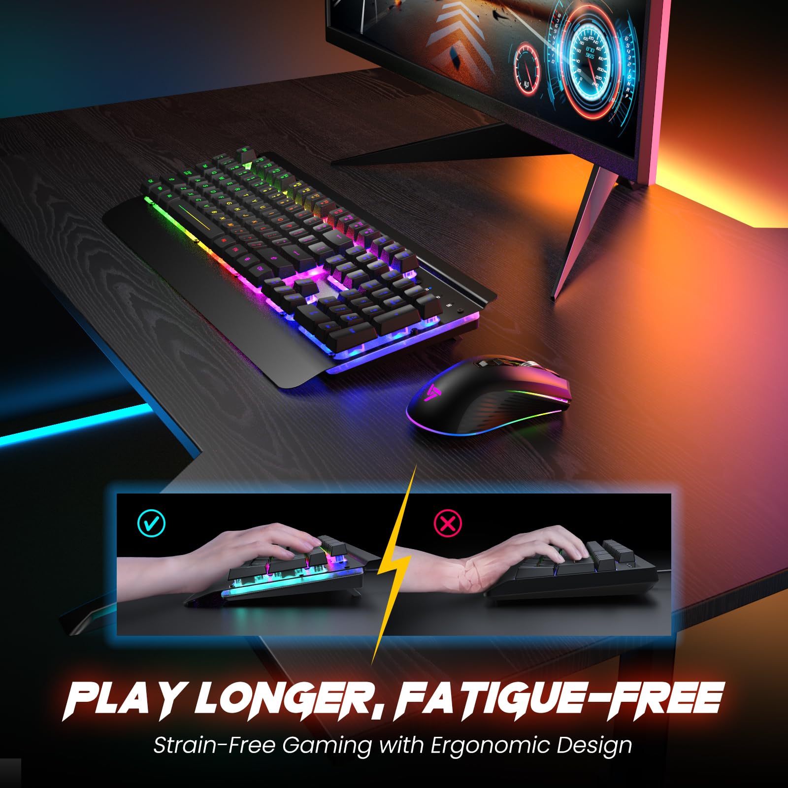 RisoPhy Tastiera e mouse wireless da gioco, pannello in metallo, retroilluminazione a 7 colori, batteria ricaricabile da 3200 mAh, poggiapolsi, modalità sleep, tastiera illuminata + mouse da gioco 7D