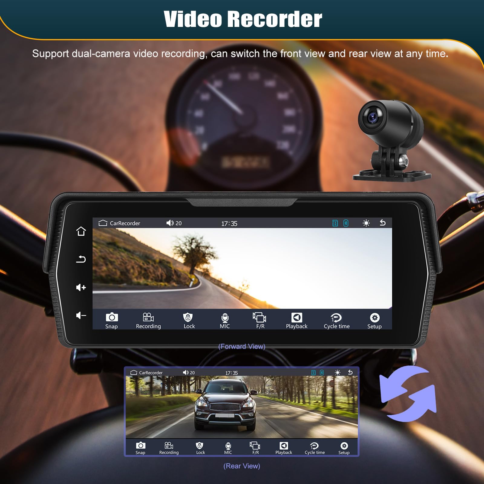 CMAECHO [2025] Dashcam Motorrad Carplay mit Vorne/Hinten Kamera, 6.86 Zoll HD Touchscreen IP68 Wasserdichter Motorräder mit Dual Bluetooth WiFi Android Auto Mirror Link Siri/G00gle Assistant