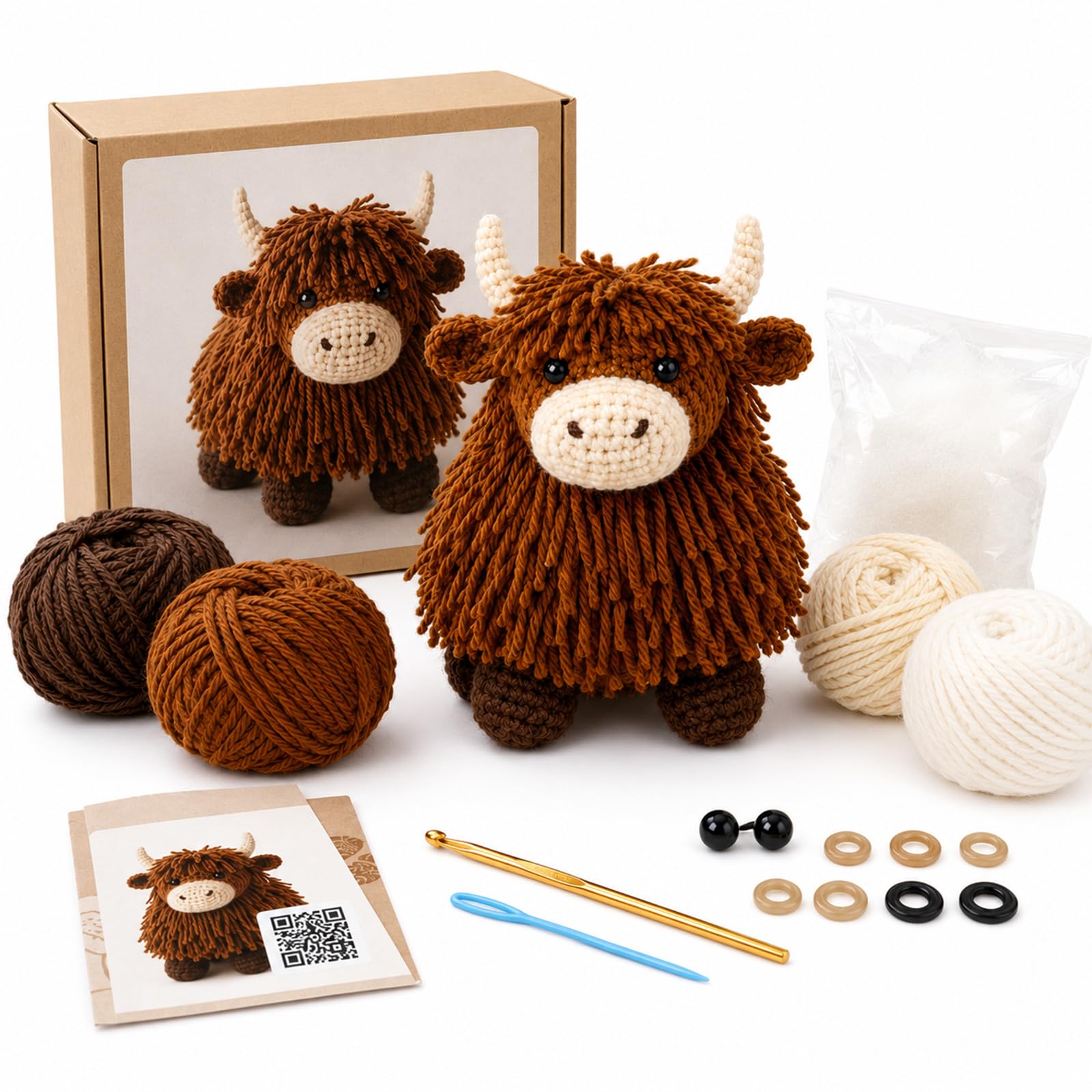 Crochet Kit for Beginners, 25cm DIY Highland Cow Plush Craft Set, 1PC
