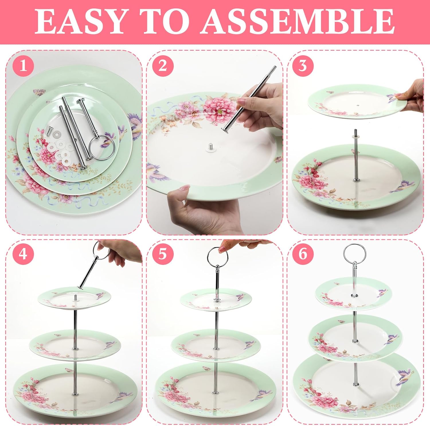 Dandat 4 Pcs 3 Tier Tea Party Cake Stand Floral Ceramic Cupcake Display Round Porcelain Cupcake Dessert Tower Tray Pastry Serving Tray Platter for Tea Party Wedding Birthday, 4 Designs