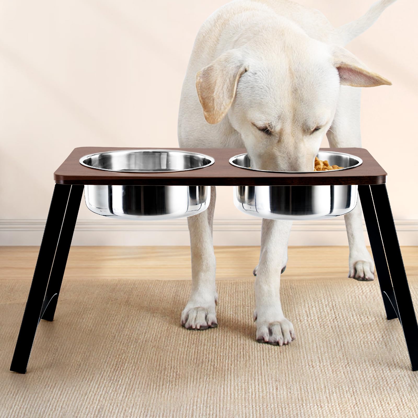 Cuencos elevados de madera para perros grandes y extragrandes, con dos cuencos de acero inoxidable de 3000 ml para alimentos y agua para perros extragrandes, antideslizantes