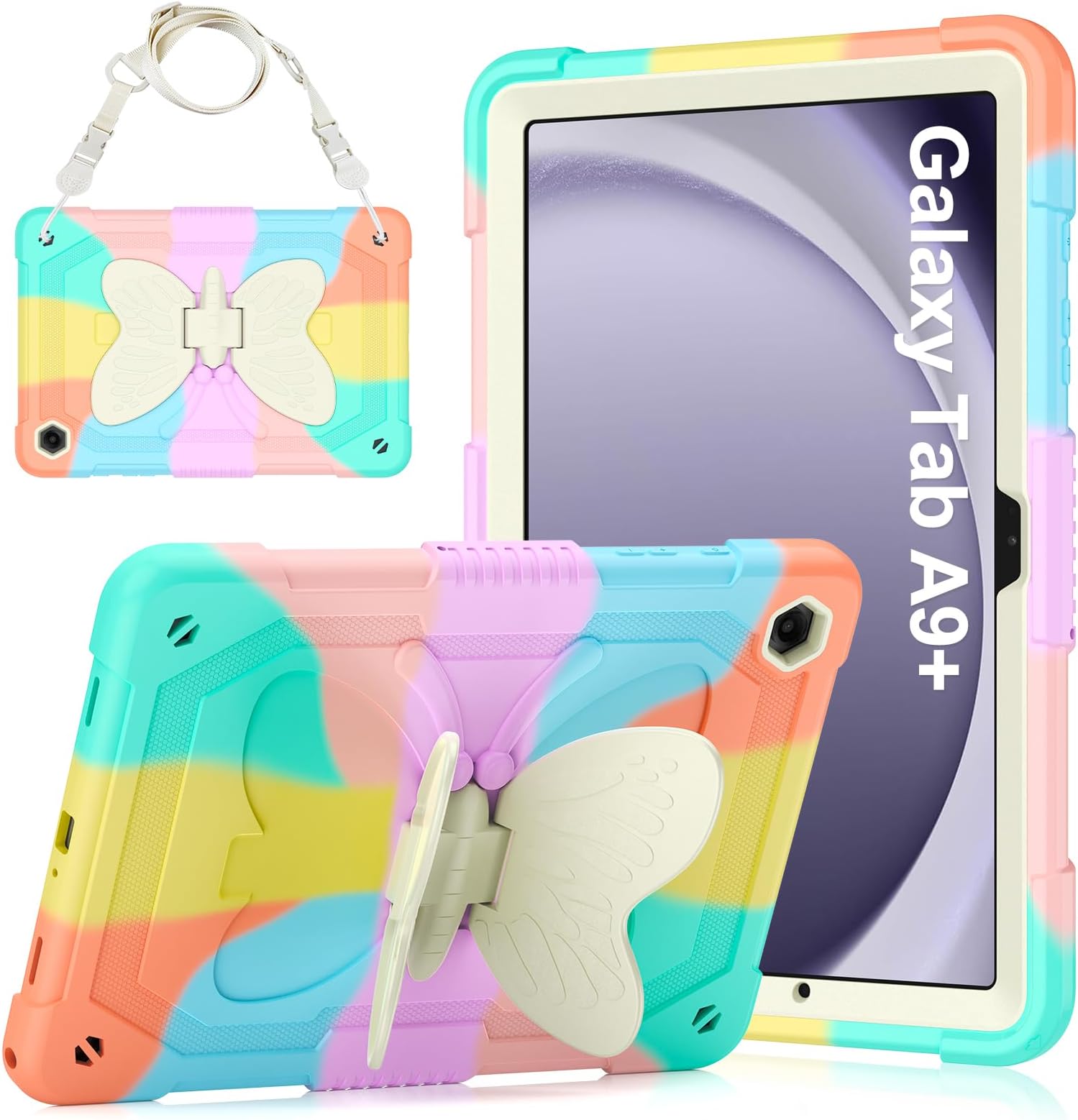 Case for Samsung Galaxy Tab A9 Plus 11 inch 2023, Protective Cover for Galaxy Tab A9+ Plus Tablet Kids Girls with Shoulder Strap, Butterfly Kickstand, Shockproof Protective