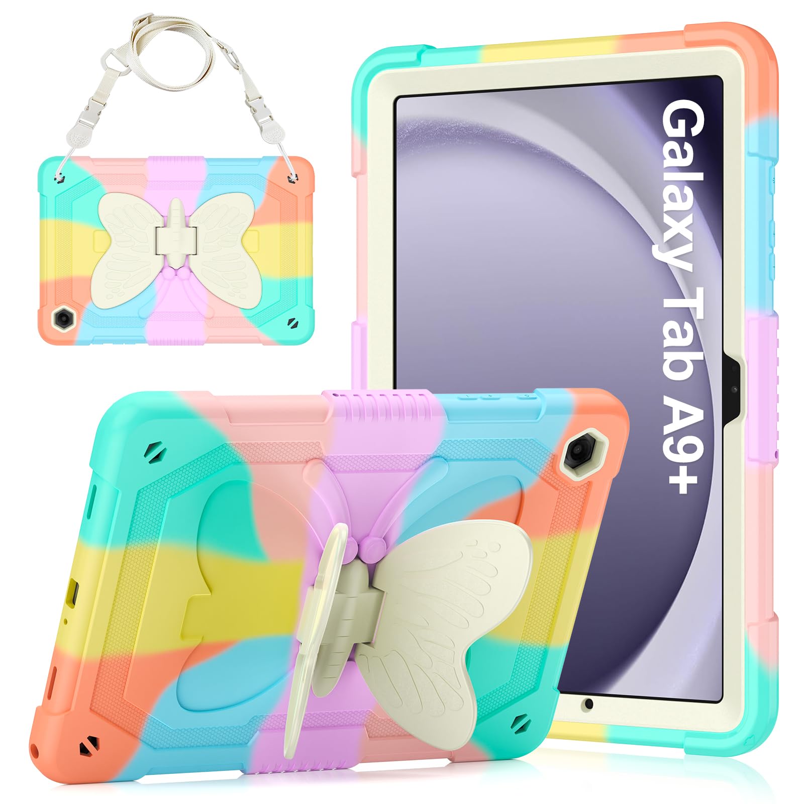 Case for Samsung Galaxy Tab A9 Plus 11 inch 2023, Protective Cover for Galaxy Tab A9+ Plus Tablet Kids Girls with Shoulder Strap, Butterfly Kickstand,