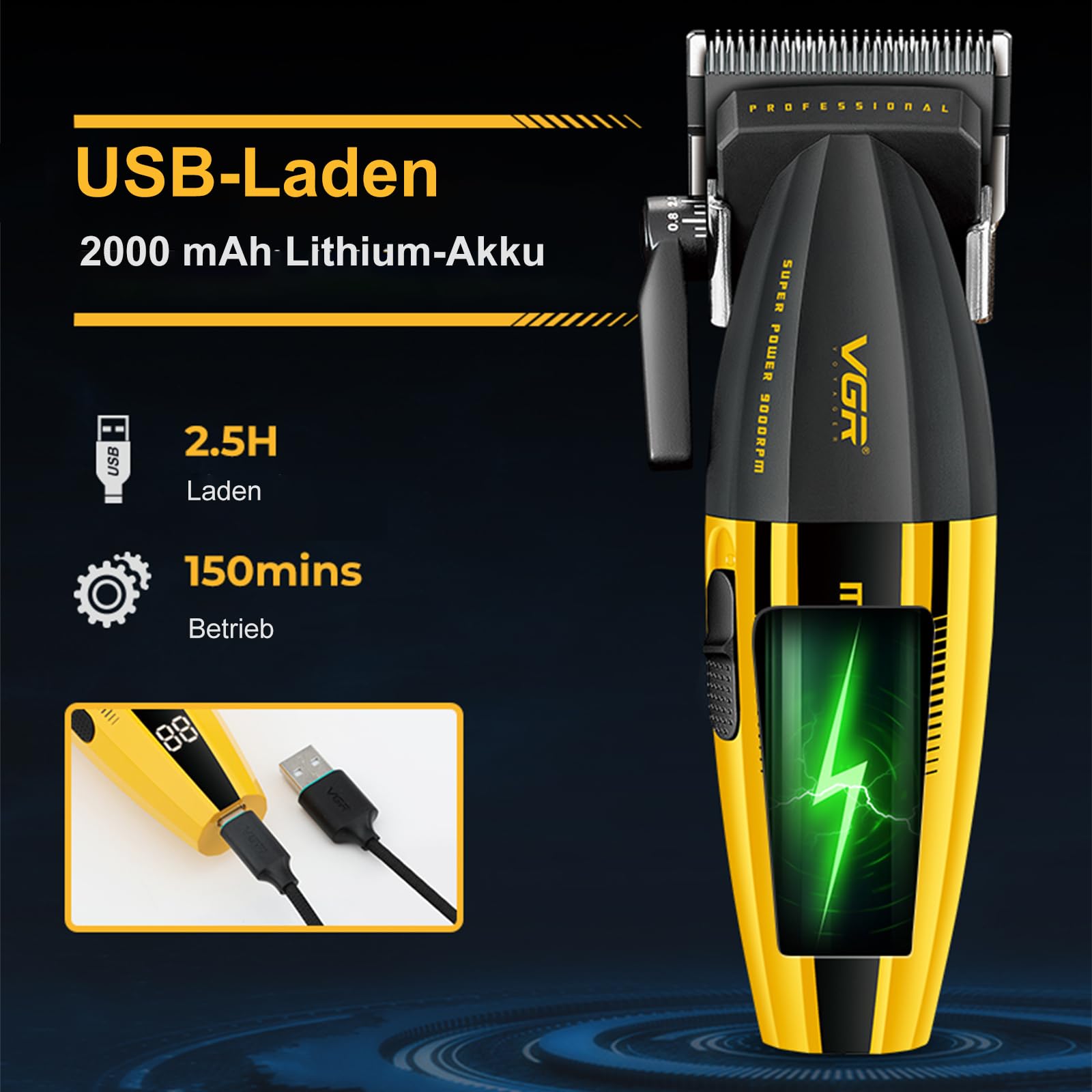 VGR 285 Fresh Fade Haarschneidemaschine Herren Profi Mit 9000 U/Min Motor | Professionelle Haarschneider, Kabelloser Clipper Haarschneider Leichtes Vielseitiges Friseur Haarmaschine mit LED-Display