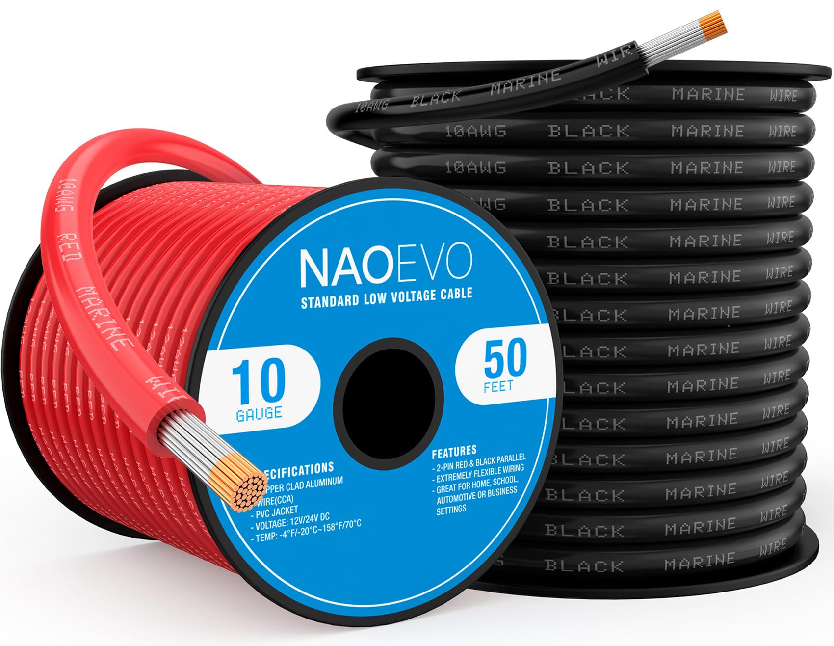 NAOEVO 10 Gauge Marine Wire, 10 AWG Tinned Copper PVC Marine Grade Wire, IP68 Waterproof/Corrosion-Resistant Electrical Cable for Boat, RV, Automotive, Solar, Trolling Motor (50 ft Black + 50 ft Red)