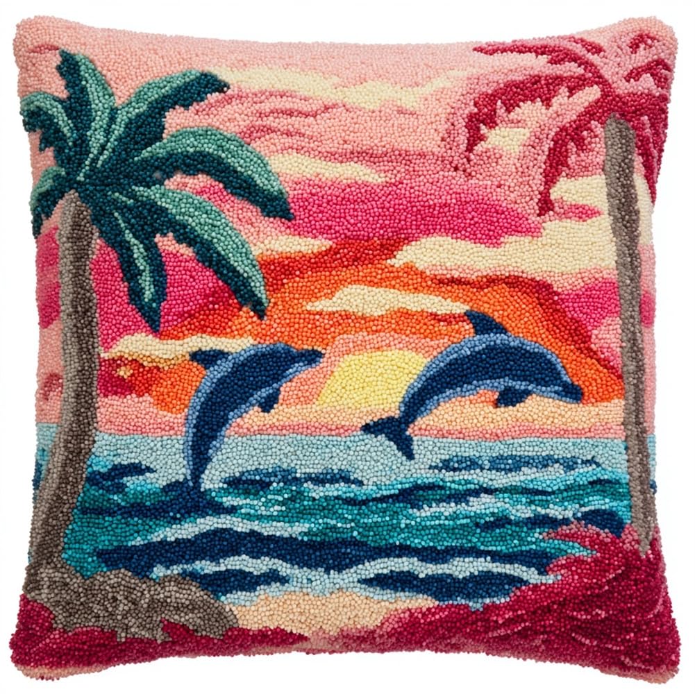 kitphoenix DIY Latch Hook Kits, Pink Sunset and Dolphins 3D Pillow Materials Package Latch Hook Embroidery Kits Cross Stitch Sofa Cushion Cover with Tool Fit for and Adults 17X17Inch