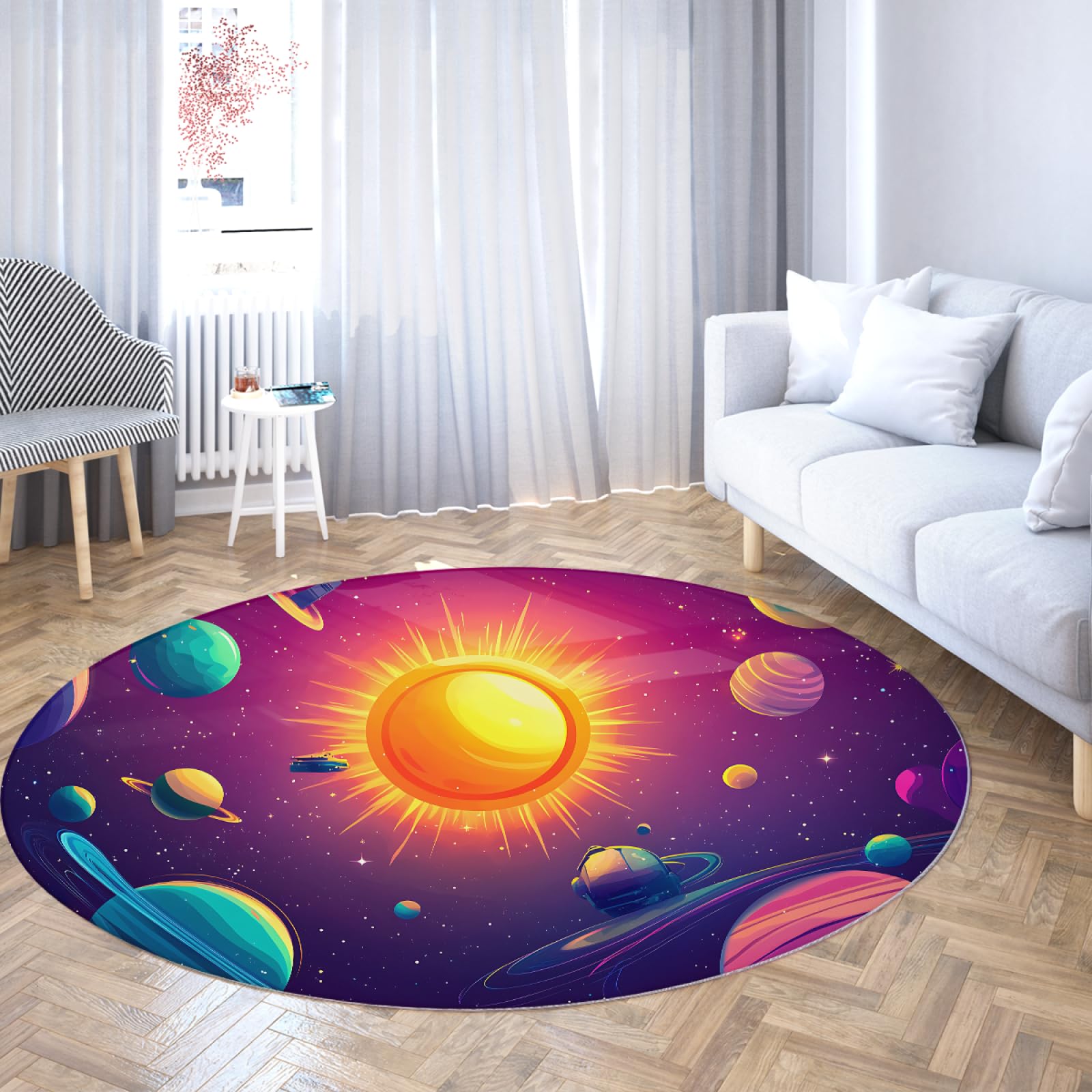 Tappeti rotondi Sun - Tappeti antiscivolo pianeti colorati Tappeto lavabile a pelo corto per sala giochi Lavanderia Stanza dei giochi Sala giochi Sala studio 200cm