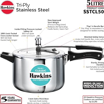 Hawkins Classic 5 Litre Tri-Ply Pressure Cooker, Triply Stainless Steel Inner Lid Cooker, Silver (SSTCL50)