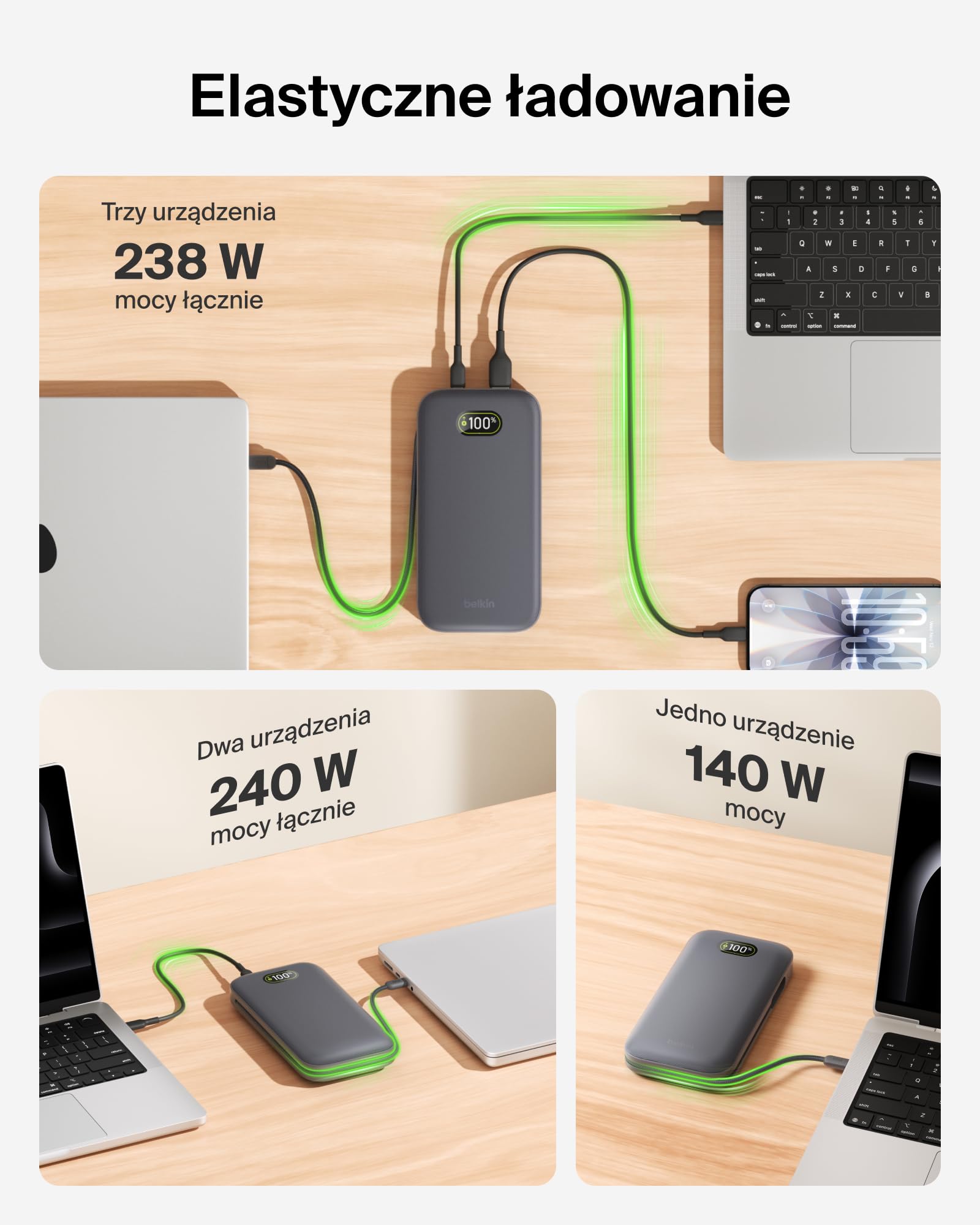 Belkin UltraCharge Pro Powerbank 27 000 mAh, Przenośna Ładowarka ze Wbudowanym Kablem USB-C, 240 W USB PD – Szybkie Ładowanie Urządzeń MacBook Pro, iPhone, iPad, Galaxy, Pixel i Innych – Antracytowy