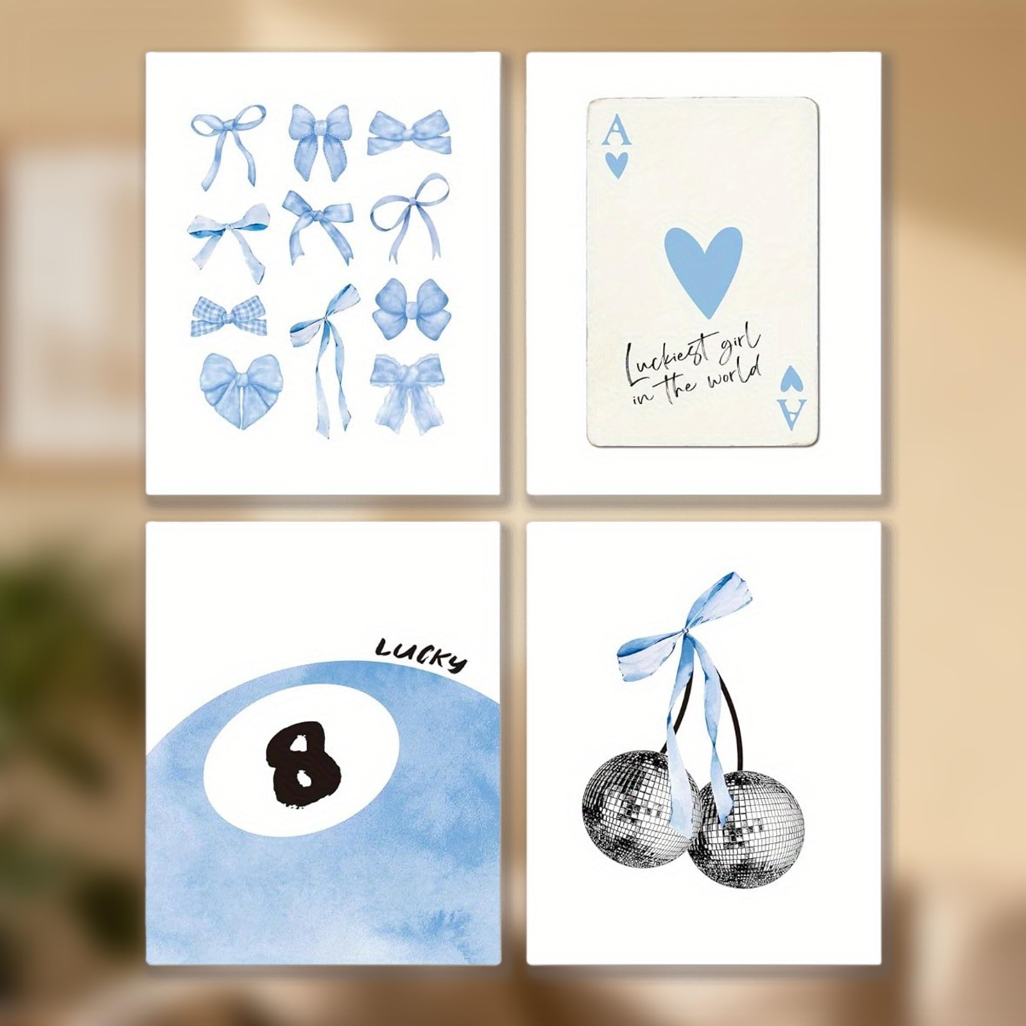 DWUENT Room Decor Aesthetic, Preppy Room Decor, Cute Room Decor Set of 4 Light Blue Canvas Prints, Butterfly Bow Lucky Charm Disco Ball Unframed Wall Art for Girls Bedroom, Dorm (13x18cm)