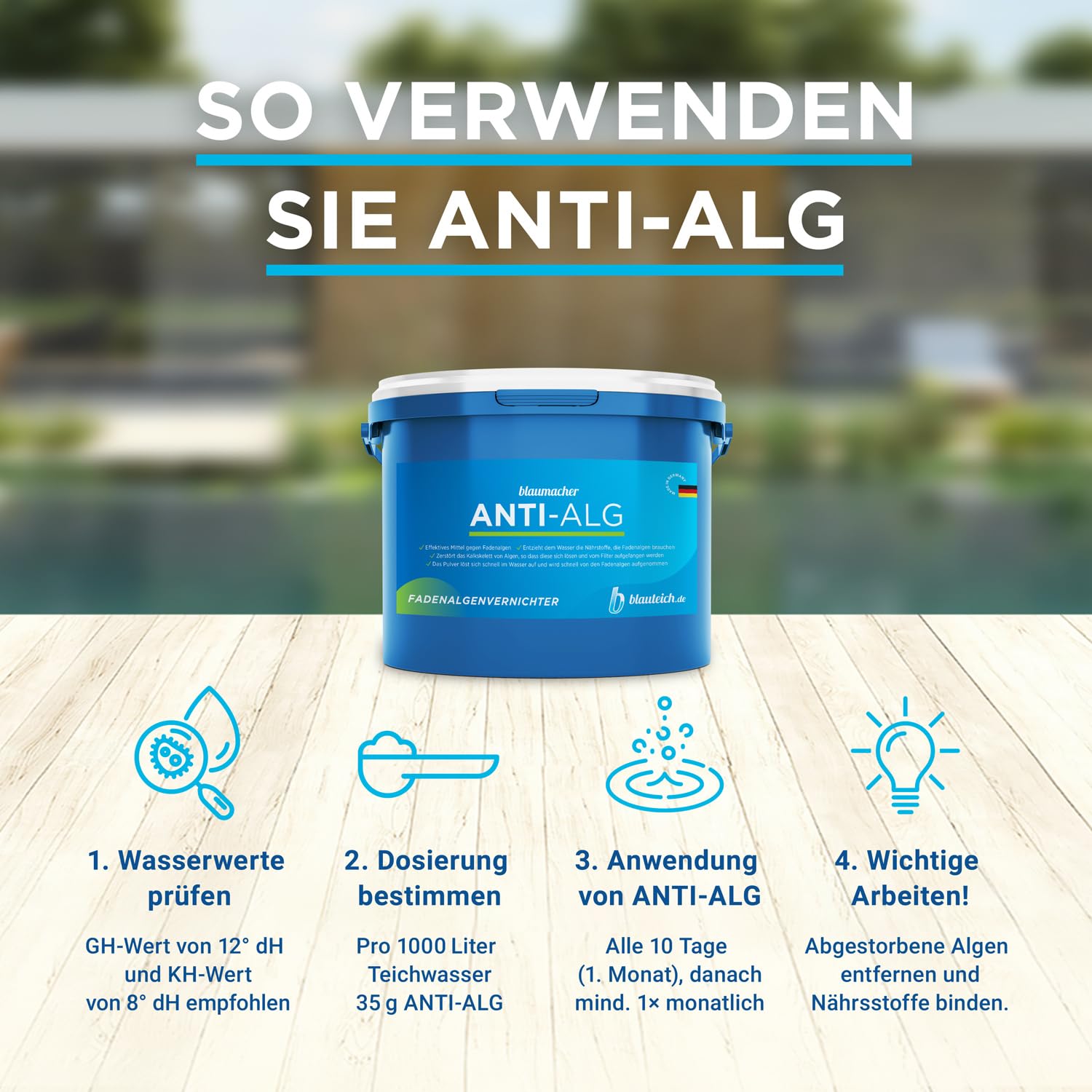 blaumacher Anti-ALG Fadenalgenvernichter für Gartenteiche – Startbehandlung für bis zu 20.000 Liter Teichwasser – 2 kg