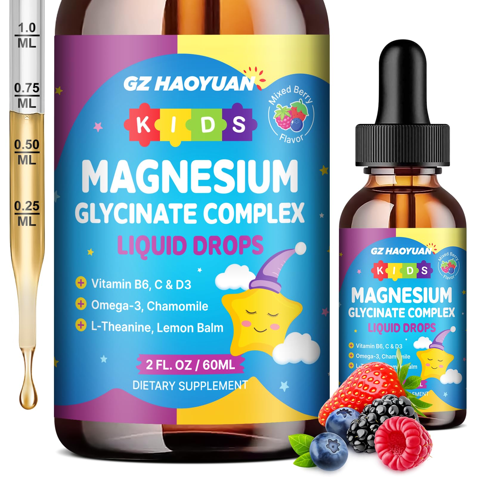 Kids Magnesium Glycinate Liquid Drops‌ – with L-Theanine, Omega-3, Vitamins B6 & D3, Zinc & Calcium – for Sleep Support, Relaxation, Focus & Brain, Bones – Mixed Berry Flavor, 2 Fl Oz Mixed Berry 2 Fl Oz (Pack of 1)