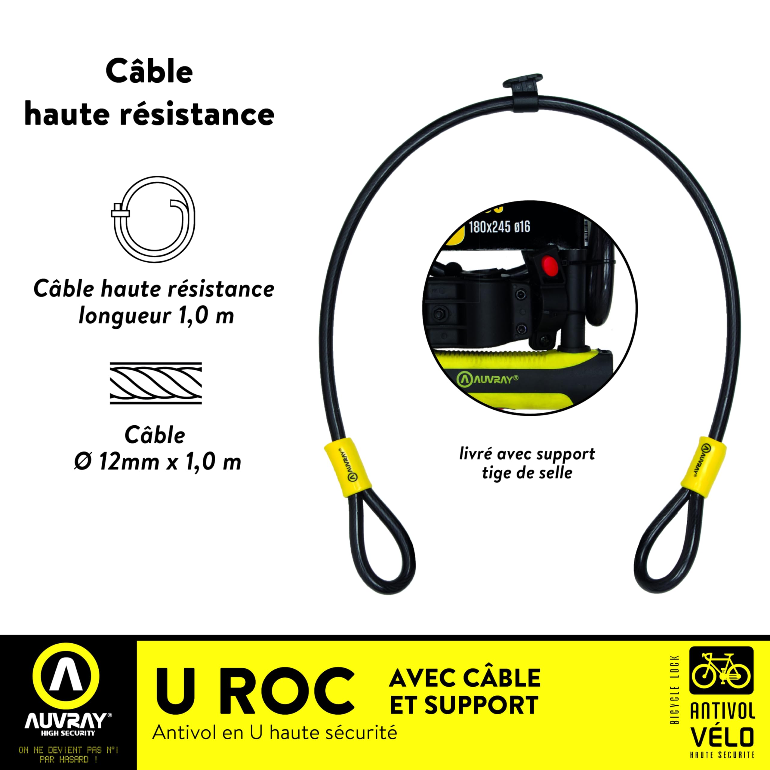 AUVRAY - Antivol vélo U + Cable - Certifié Art - U ROC Art 180 X 245 D.16 + Cable 100 D.12 + Support 2 CLES - Câble Haute Résistance - Facile à Transporter et à Stocker - Haute sécurité