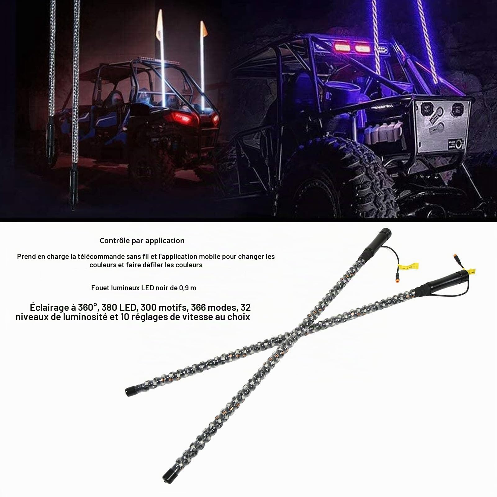 Fouet à LED, 2pcs 0,9 M LED avec Mât de Drapeau RVB Couleur APP Contrôle Chasing Whip Light pour UTV ATV Camion Bateau 12‑24 V