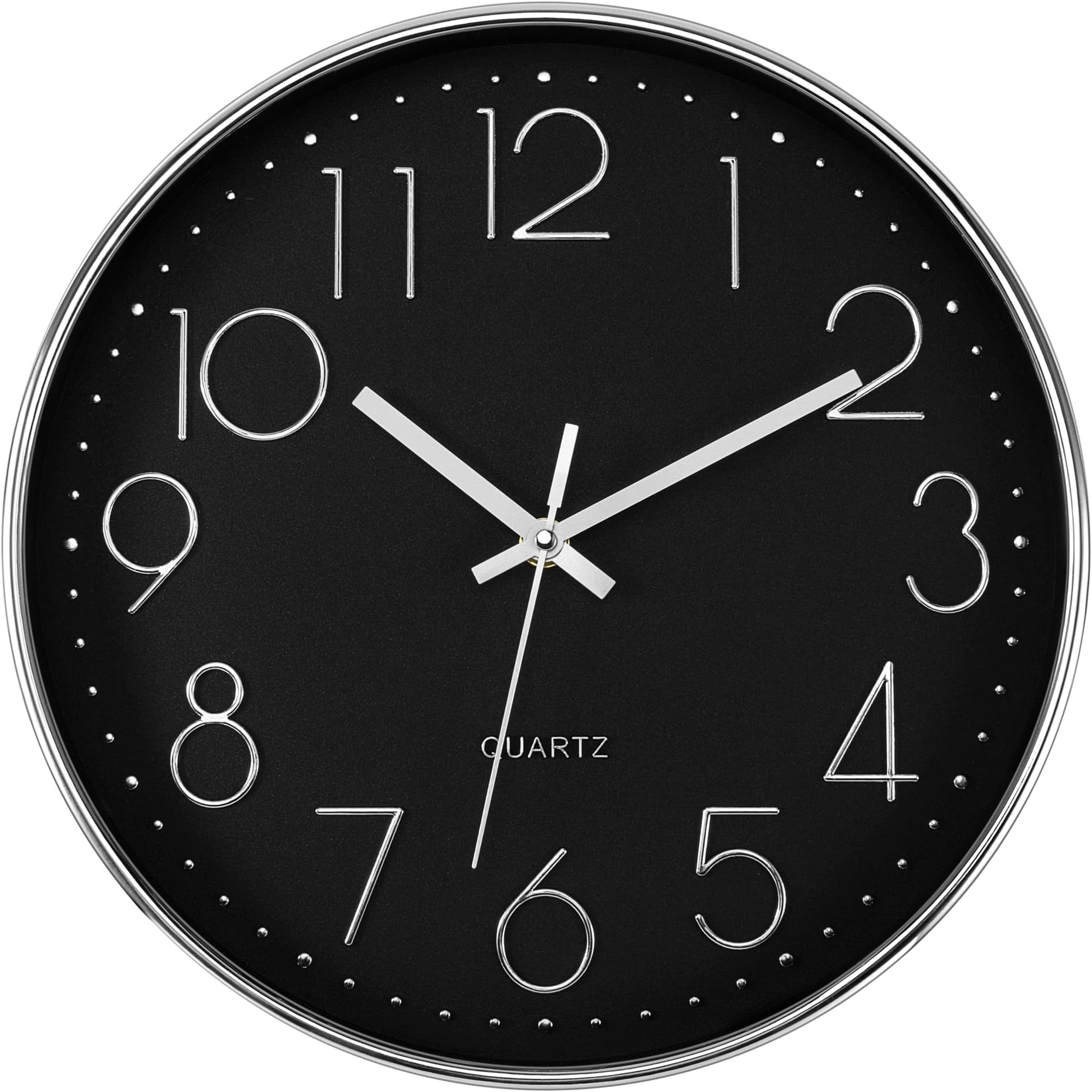 FoxtopSilent Non-Ticking Round Modern Quartz Decorative Battery Operated Wall Clock for Living Room Bedroom Kids Room Office School (Black Silver, 12 inch)