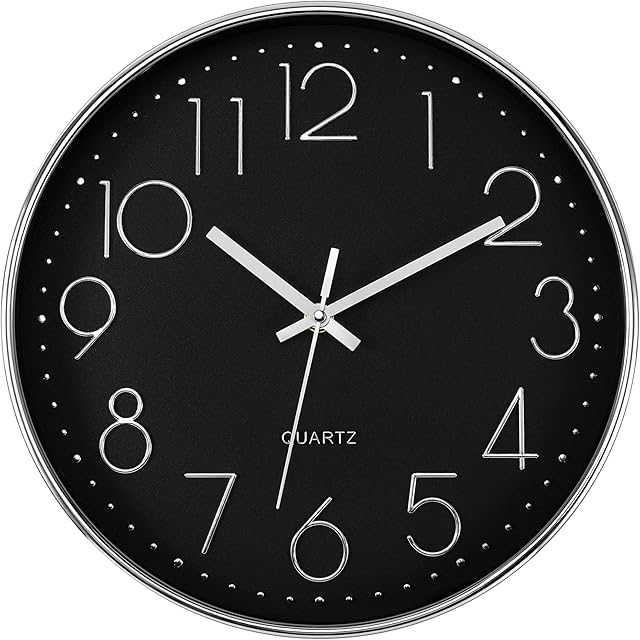 Foxtop Black Modern Wall Clock, 12 Inch Silent Non-Ticking Battery Operated Quartz Round Clock for Living Room Bedroom Kitchen Home Office School