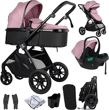 For Your Little One Cruise 3-in-1 Travel System with i-Size Car Seat, Stroller with Carrycot, 13kg Pram, Height Adjustable Handle, Pram, Newborn 0-4 Years Free Raincover and Cupholder Blush Rose