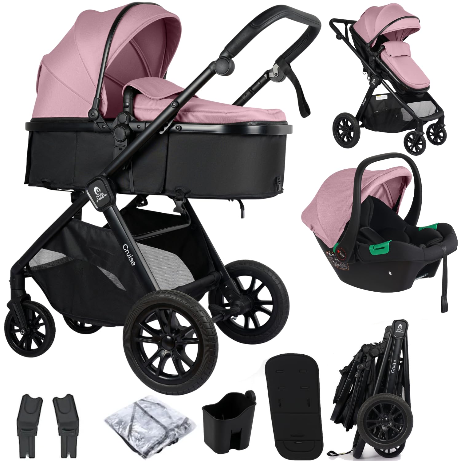 For Your Little One Cruise 3-in-1 Travel System with i-Size Car Seat, Stroller, 13kg Pram, Height Adjustable Handle, Pram, Newborn 0-4 Years Free Raincover and Cupholder (Eclipse Black)