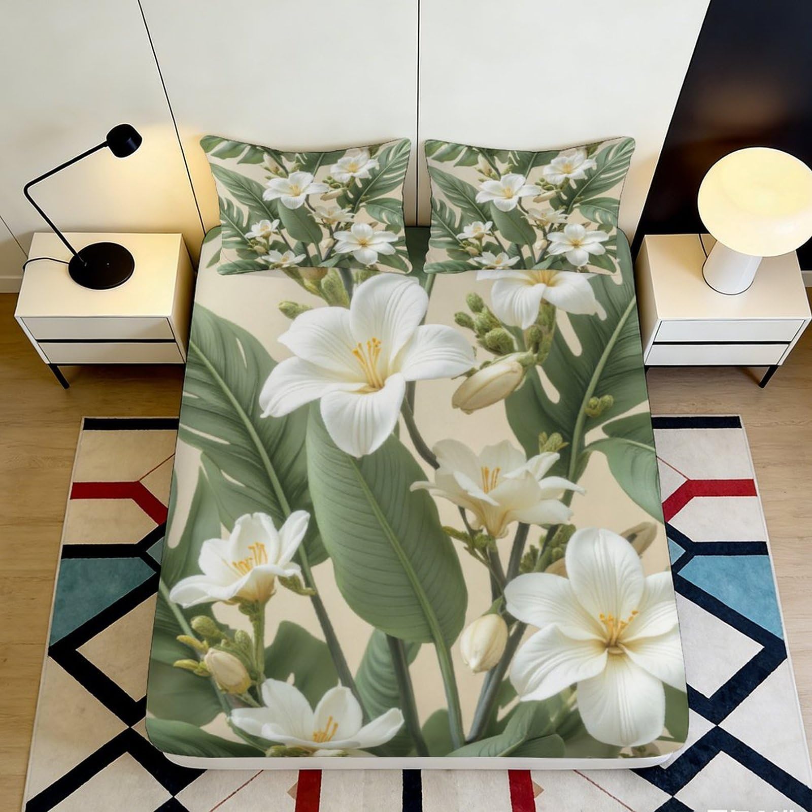 3D Printed White Plumeria Fitted Sheet Microfiber Soft Breathable Tropical Leaf Bed Cover for Bedroom Dormitory Guest Room Mattress Protection Decor 160x200x25cm