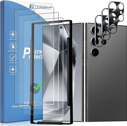 T Tersely 3+3 Pack 9H Protector de pantalla de vidrio templado para Samsung Galaxy S24 Ultra 5G, con marco de alineación de instalación, soporte