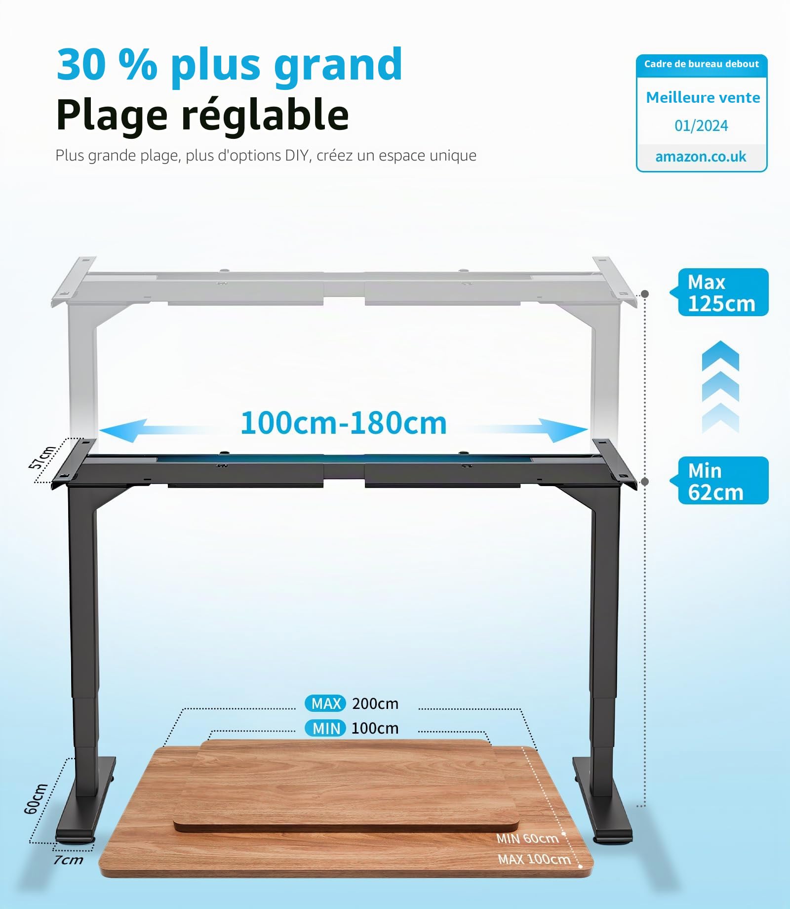 MAIDeSITe T2 Pro Plus Bureau Assis Debout Electrique Cadre de Bureau Réglable en Hauteur Électrique à 3 Colonnes avec Double Moteur, avec 4 Claviers à Mémoire Automatique, Capacité de Charge 160kg