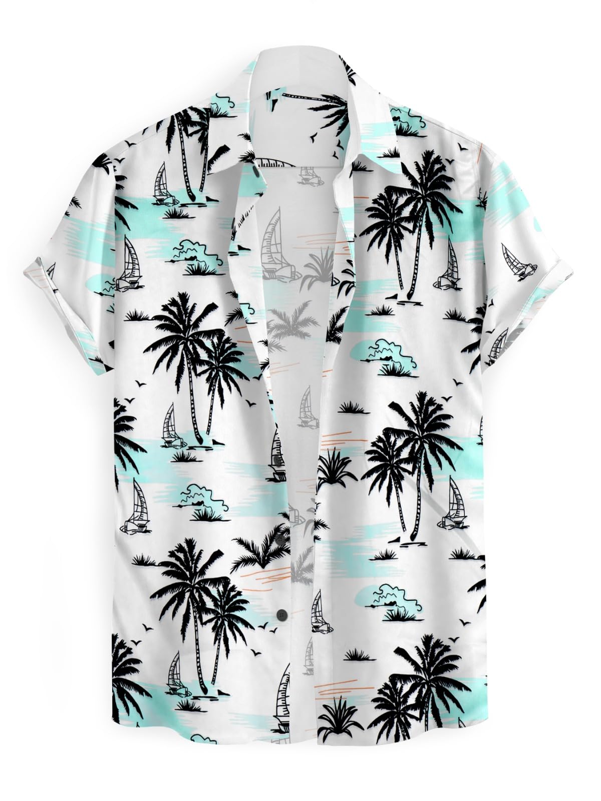 Men's Hawaiian Shirt, Short Sleeve Button Down, Palm Tree and Sailboat Print, White and Mint Green-picture-45